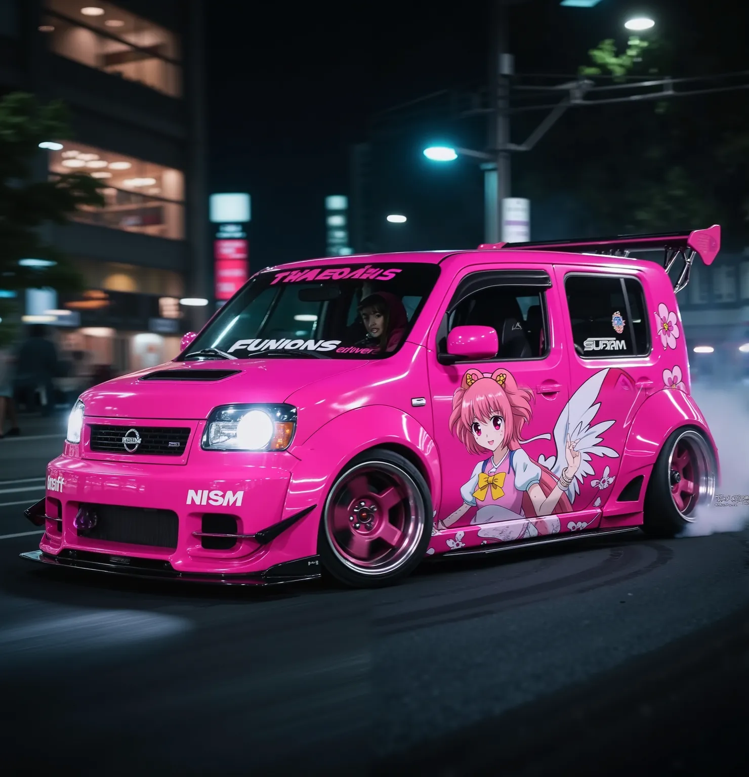 It has a wide body and eccentric wheels，Fast & Furious TOKYO DRIFT，heavily modified Nissan Cube Nismo painted fluorescent pink，anime woman、Draw Cardcaptor Sakura on the body，masterpiece，Painted fluorescent pink，drift in the city at night，Reverse handle，