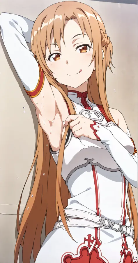 masterpiece, best quality, amazing quality, anime screencap, anime coloring, 1girl, solo, Yuuki Asuna, Yuuki Asuna SAO costume, White Armor, White breastplate, White isolated sleeve, (character), long hair, detached sleeves, bare shoulders, bare arms, arm ...