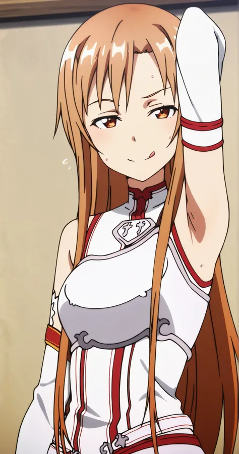 masterpiece, best quality, amazing quality, anime screencap, anime coloring, 1girl, solo, Yuuki Asuna, Yuuki Asuna SAO costume, White Armor, White breastplate, White isolated sleeve, (character), long hair, detached sleeves, bare shoulders, bare arms, arm ...