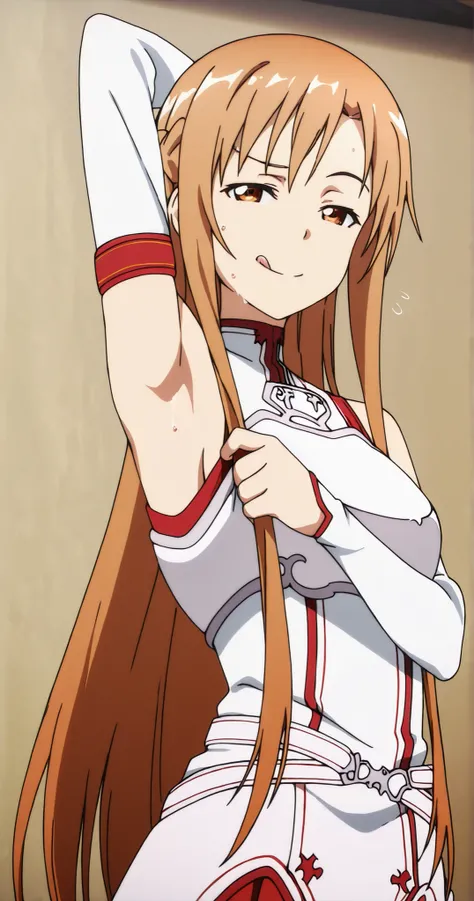 masterpiece, best quality, amazing quality, anime screencap, anime coloring, 1girl, solo, Yuuki Asuna, Yuuki Asuna SAO costume, White Armor, White breastplate, White isolated sleeve, (character), long hair, detached sleeves, bare shoulders, bare arms, arm ...