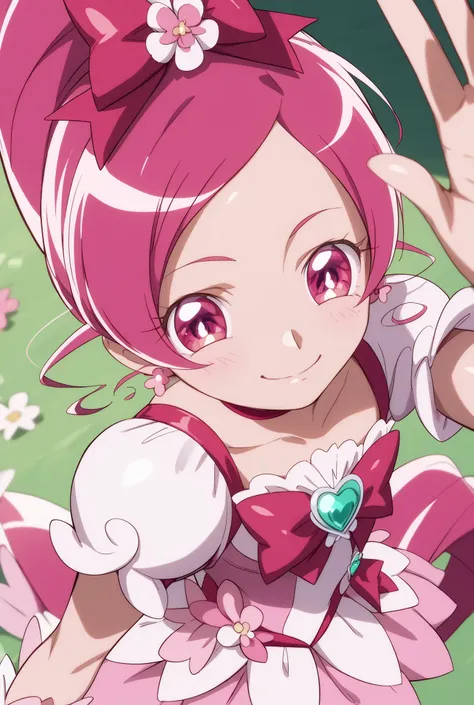 Heart Catch Pretty Cure、cute、cure blossom、beautiful background、 Slim、Small breasts、Shiny on the skin、smile、happy、angles from above、large futon behind a woman's face、