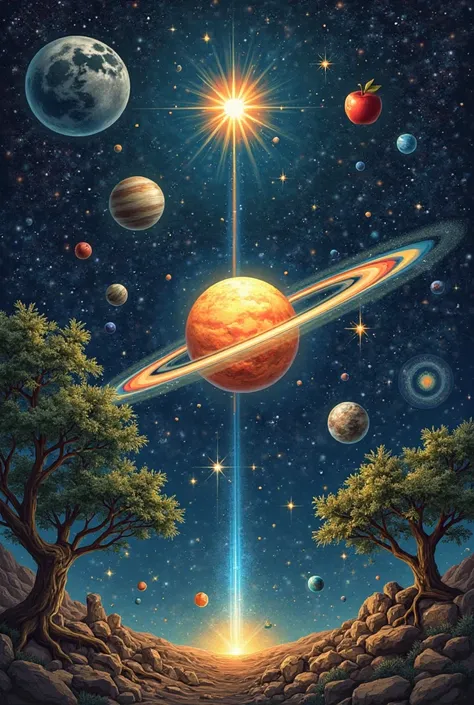 andn el centro, a planet orbiting a star, representing Newton's law of universal gravitation.

To one side, an apple falling from a tree, symbolizing how a simple observation led to a fundamental law.

andn una esquina, a beam of light crossing a prism, de...