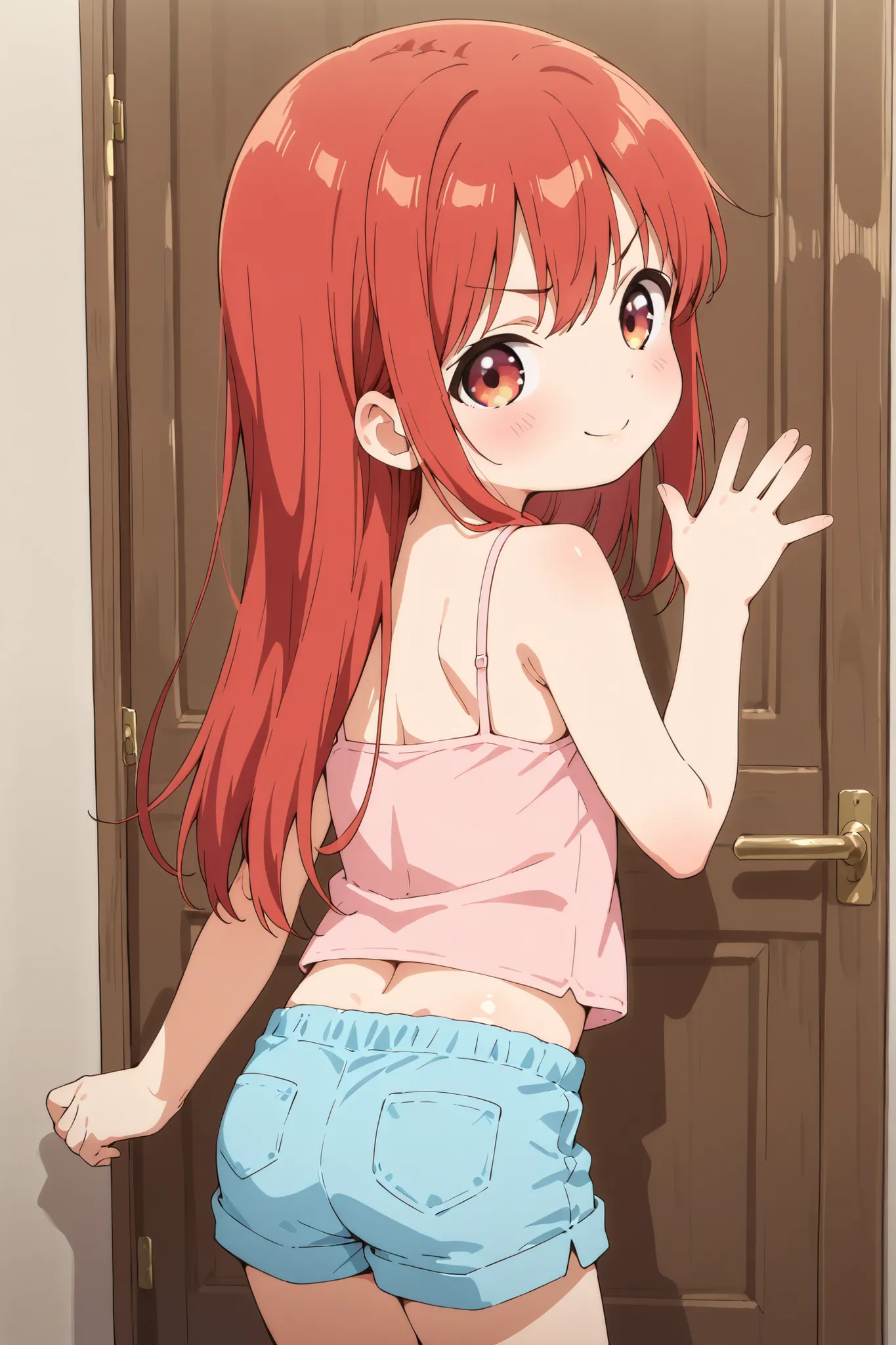 ,1 girl,cowboy shot,back shot,solo,red hair,red eyes,longhair,straight hair,looking at viewer,angry,smile,gleaming body,blush,entrance,toddler body,pink camisole,blue shorts,topless,waving hand