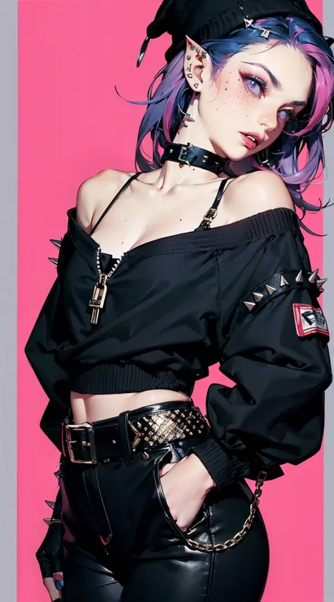 male focus, 1boy, black hair, pink hair, gradient hair, light blue eyes, pale skin, freckles, moody, tsundere, parted lips, looking to the side, portrait, age, long eyelashes, fangs, lip piercing, eyebrow piercing, beanie, pointy ears, black nails, black theme, pink theme, white, emo, emo fashion, purple, piercing, studded belt, navy blue, neons, scenecore, bright patterned clothing, piercings, studded belts, bracelets, fingerless gloves, colorful hair, raccoon hair pieces, striped stockings, spiked choker, collarbone piercing, eyeshadow under eye, black eyeshadow, black eyeliner, earrings