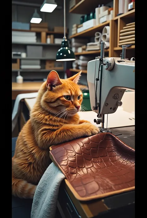 ultra-realistic, cinematic composition, soft industrial lighting, realistic fabric textures,
very chubby anthropomorphic orange tabby cat, realistic fur detail, sitting in front of a heavy-duty industrial sewing machine,
focused expression, sewing a large ...