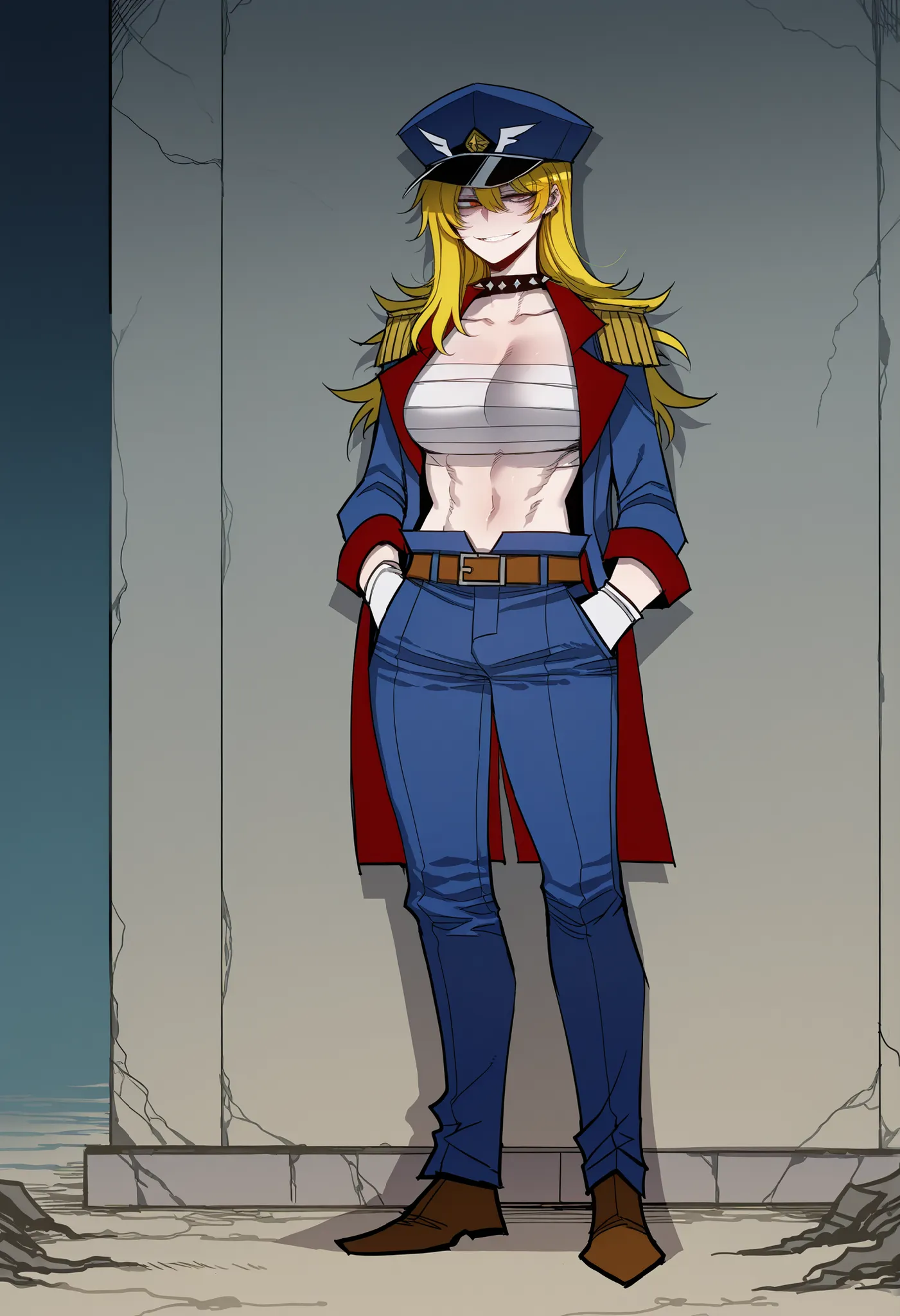 score_9, score_8_up, source_anime, a full body girl, Alone , KamientenMira, Long hair, Peaked cap,  spiked necklace , blue shelter, epauletas, Sarashi, neckline,  collarbone, white gloves, brown belt, blue pants, hands in his pockets, leaning against the w...