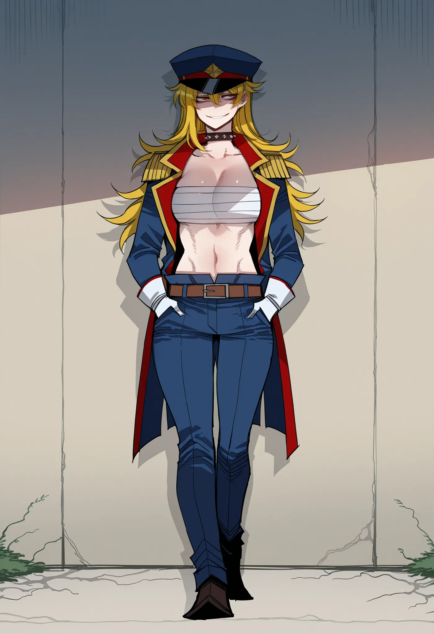 score_9, score_8_up, source_anime, a full body girl, Alone , KamientenMira, Long hair, Peaked cap,  spiked necklace , blue shelter, epauletas, Sarashi, neckline,  collarbone, white gloves, brown belt, blue pants, hands in his pockets, leaning against the w...
