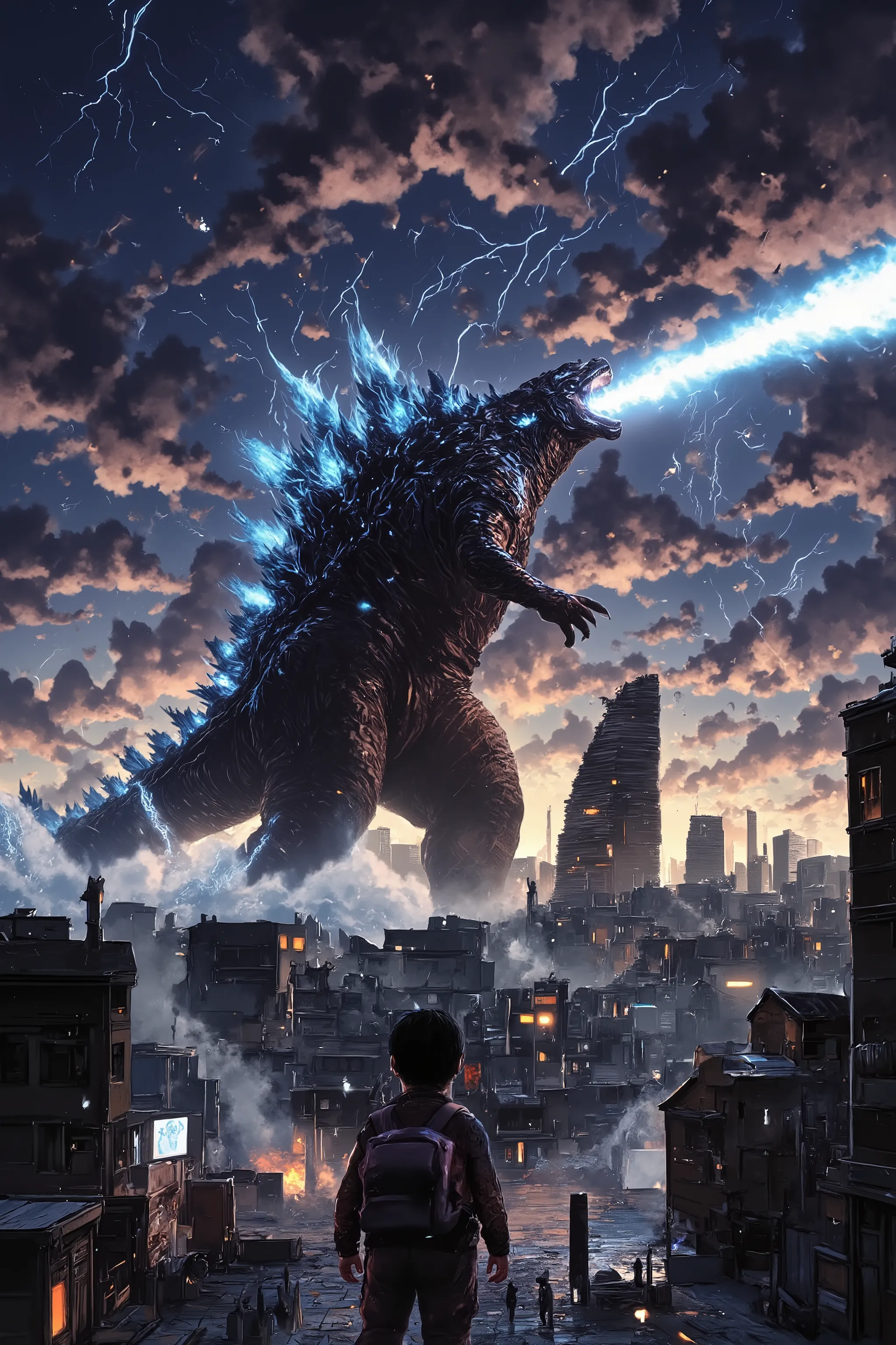 1 boy,Boy Watching Godzilla,blue fire from godzilla mouth,howling godzilla,Howling at the sky,Shadows of Happy Boy in the Back,boy raise both arms,destroyed city and lightning effect,in tokyo,at night,cinematic,dramatic, cinematic quality , top quality , m...