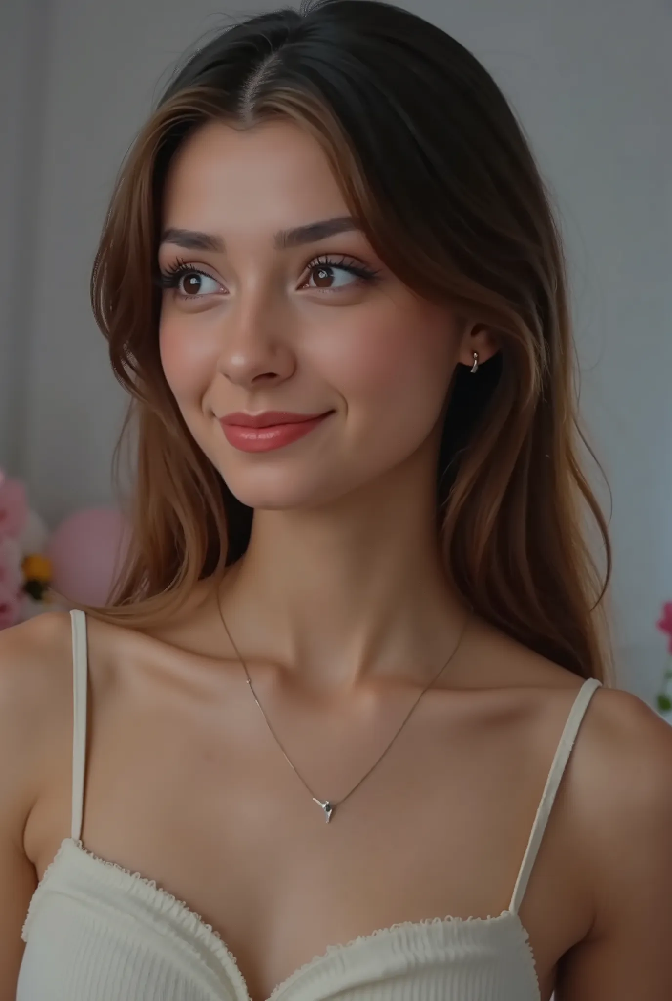 18 years, girl took a photo with his face in profile, side face shot, no hands, smiling, ,smiling away, looking away, flat grey background, no background