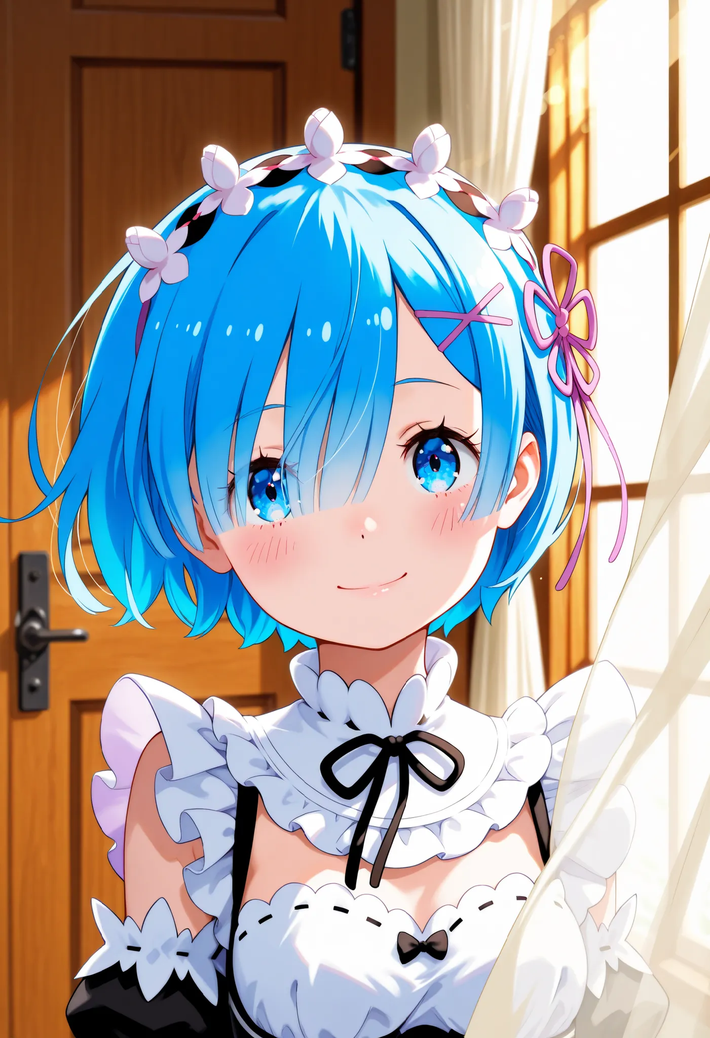 1girl, rem \(re:zero\), roswaal mansion maid uniform, indoors, standing next to a large wooden-framed windows, lace curtains swaying in the wind, soft sunlight shines into the room through the sheer curtains and illuminated her, backlighting, from the fron...
