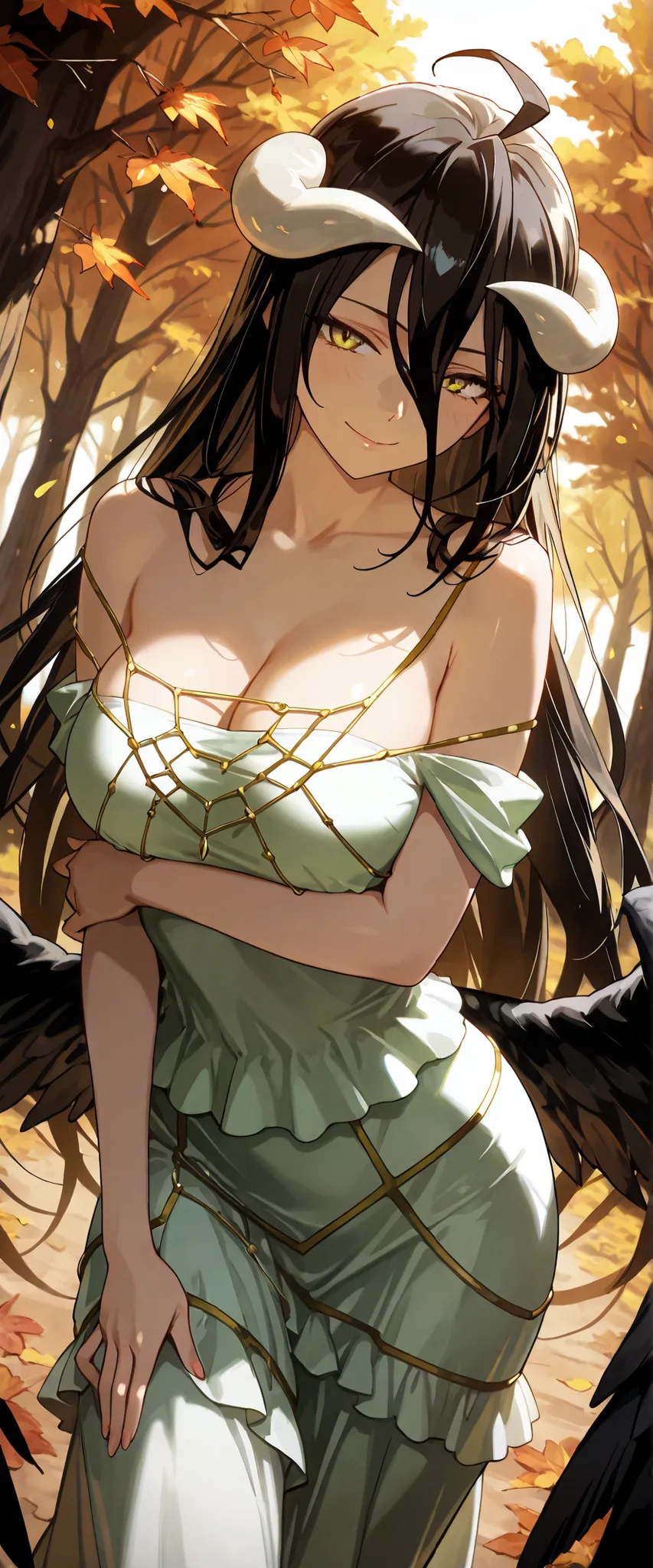 1 woman, albedo (overlord), dutch angle, white horns, dark hair, yellow eyes, black wings, elven inspired dress, seductive dress, cleavage, beautiful forest, autumn, seductive smile, seductive pose, chiaroscuro, masterpiece, high quality, highly detailed