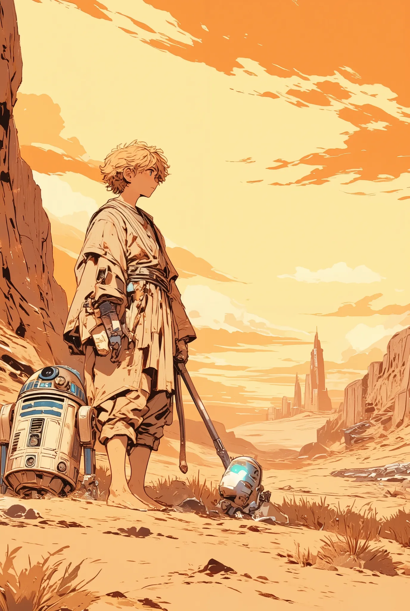 anime movie-style illustration of a young boy inspired by Anakin Skywalker from Star Wars Episode I, standing with R2-D2 in the desert wilderness of Tatooine
Anakin is a barefoot with short messy blond hair and a dusty beige tunic, holding a hydrospanner...