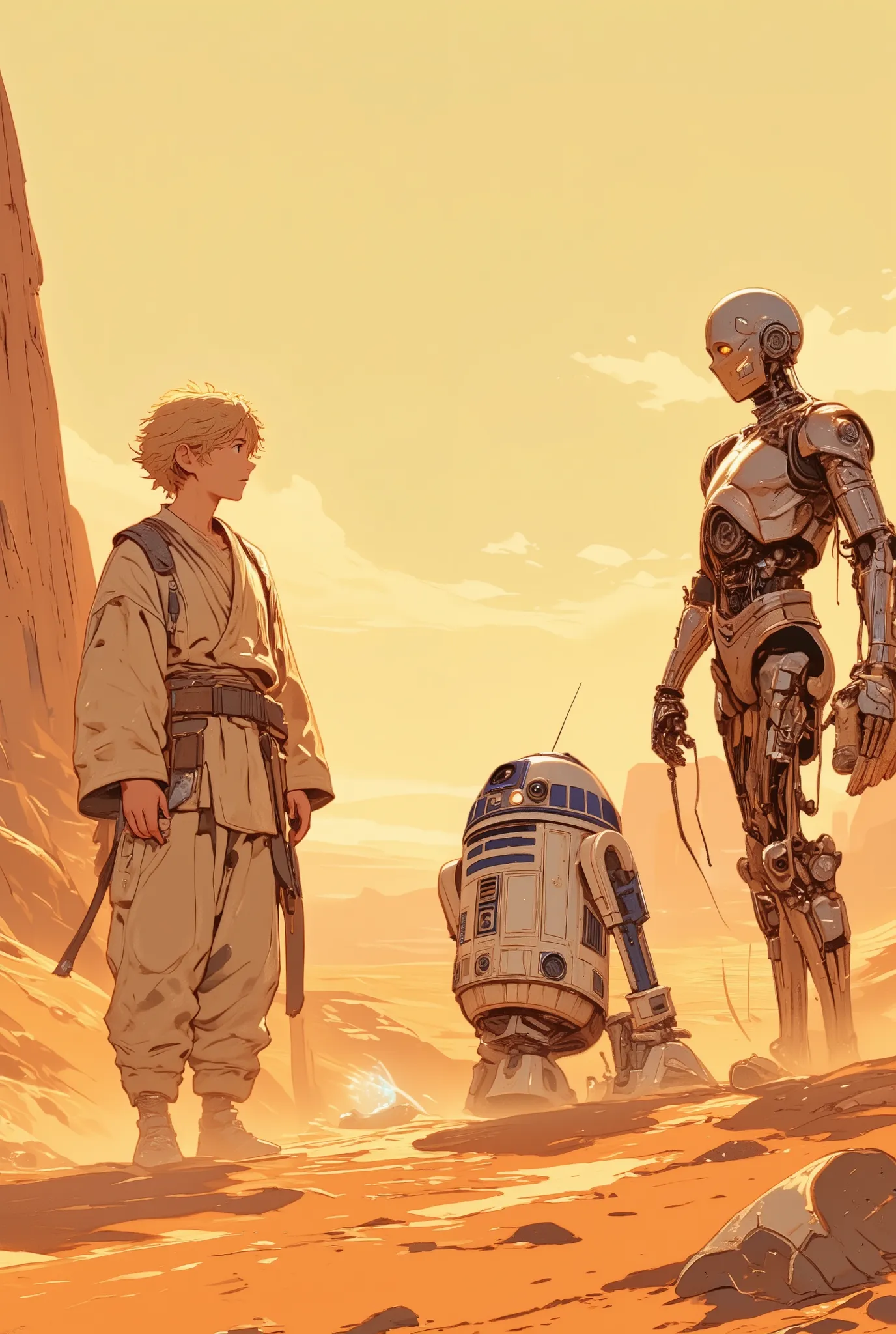 a photorealistic cinematic scene featuring young Anakin Skywalker from Star Wars: Episode I – The Phantom Menace, portrayed with accurate likeness to Jake Lloyd, standing in the desert wilderness of Tatooine alongside R2-D2 and a partially assembled C-3PO
...
