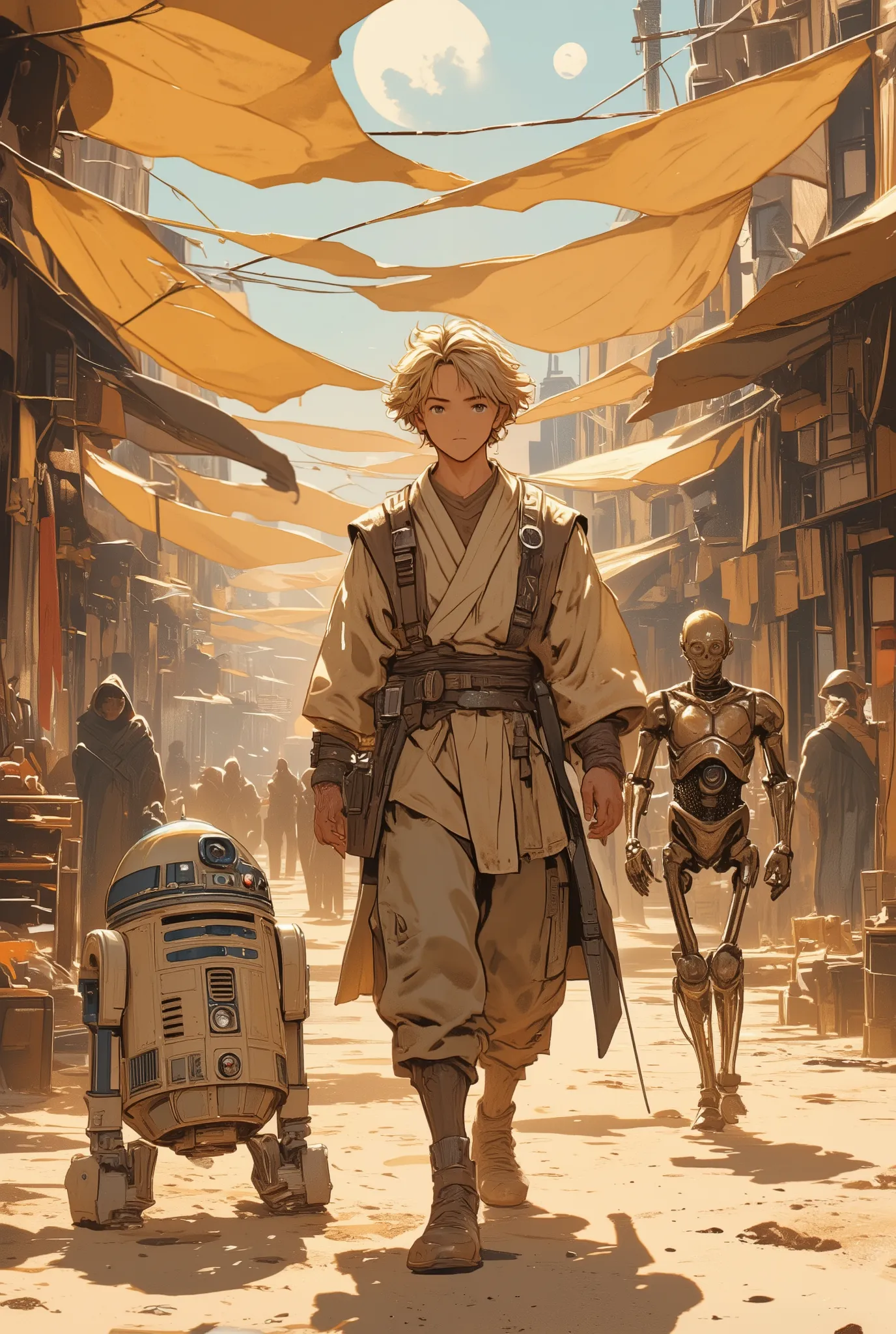 a photorealistic cinematic scene of young Anakin Skywalker from Star Wars: Episode I – The Phantom Menace, portrayed with accurate likeness to Jake Lloyd, walking through the dusty streets of Mos Espa on Tatooine, accompanied by R2-D2 and an unfinished C-3...