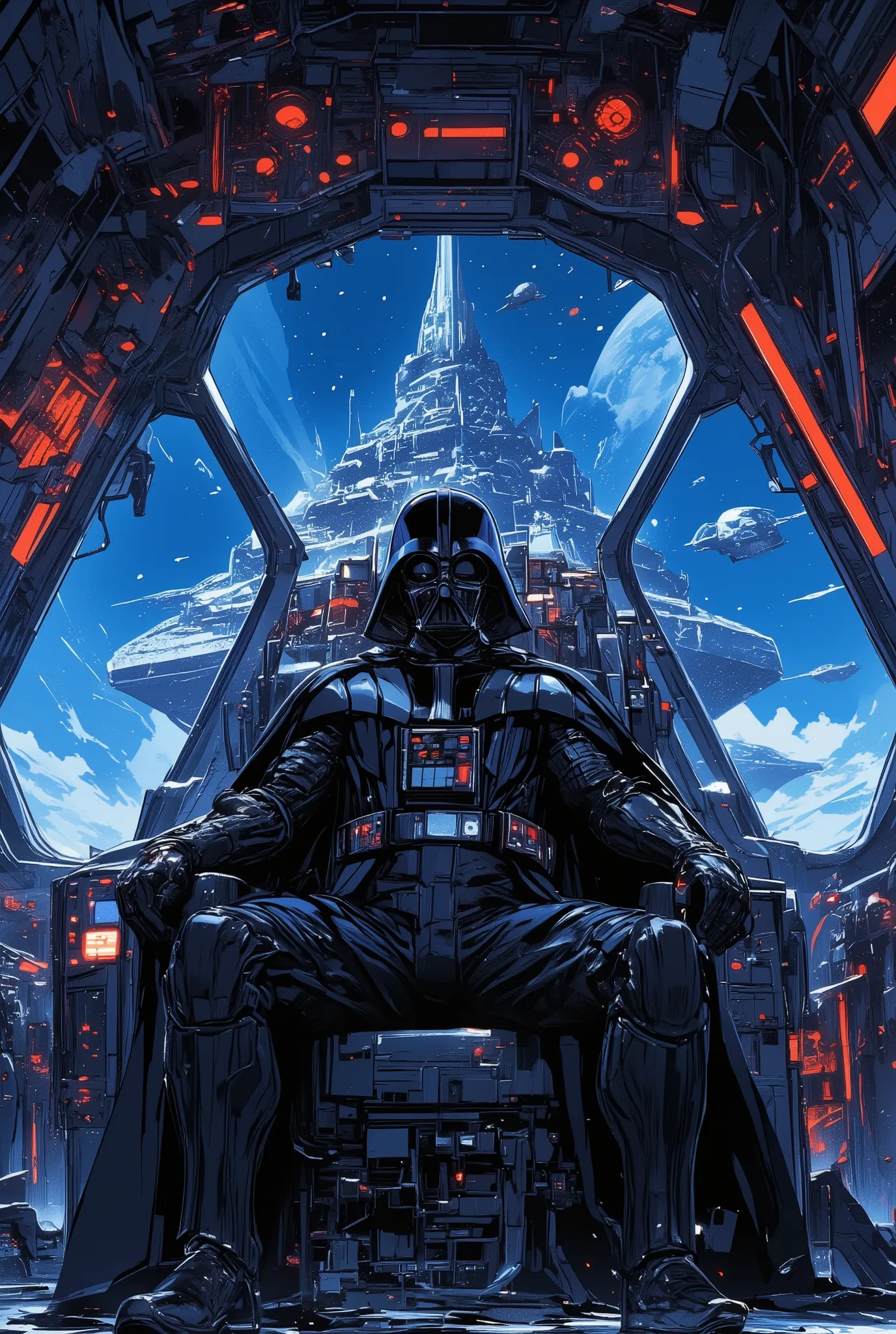 a photorealistic cinematic scene featuring Darth Vader seated in the command chair on the bridge of an Imperial Star Destroyer, bathed in cold blue and red lighting
he sits in complete stillness, clad in his iconic black armor and cape, helmet reflecting ...