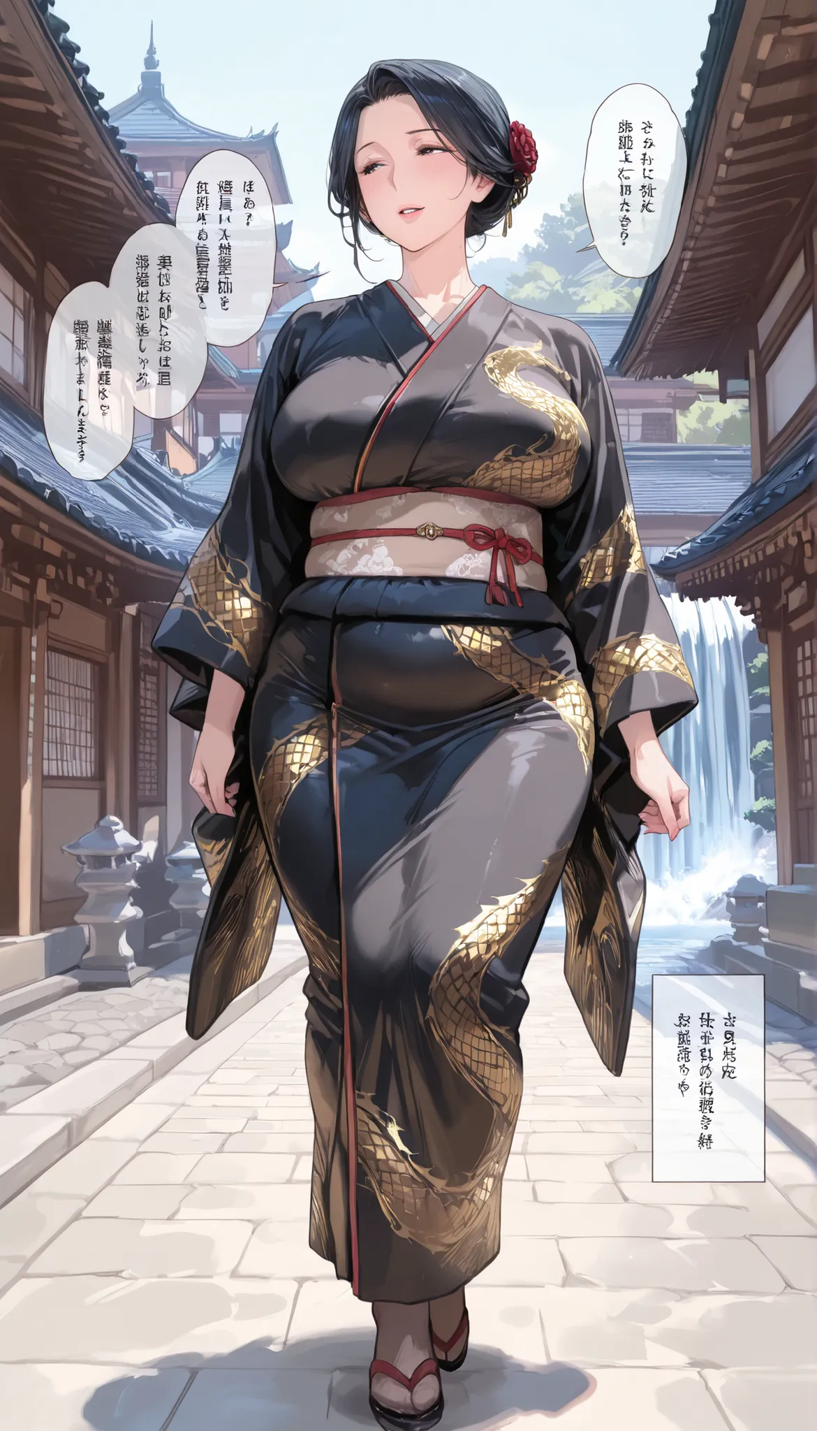 mature mother, naughty, black gold kimono dragon pattern, black Hair、big breast, plump, Married women accesories , walking, talking, outdoor, background Japanese architectural buildings, waterfall, masterpiece, anatomically correct, super detail, high det...
