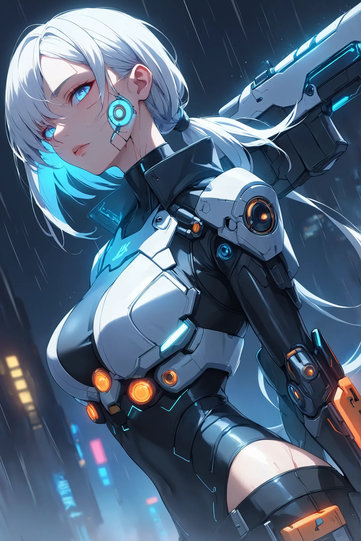 ((masterpiece)), ((RAW 4K)), ((anime-real fusion)), ((cyberpunk bounty hunter woman)), ((white hair)), ((cybernetic body)), ((armor detail)), ((futuristic weapon)), ((moody lighting))
A grown-up white-haired female bounty hunter in her late 20s — graceful...