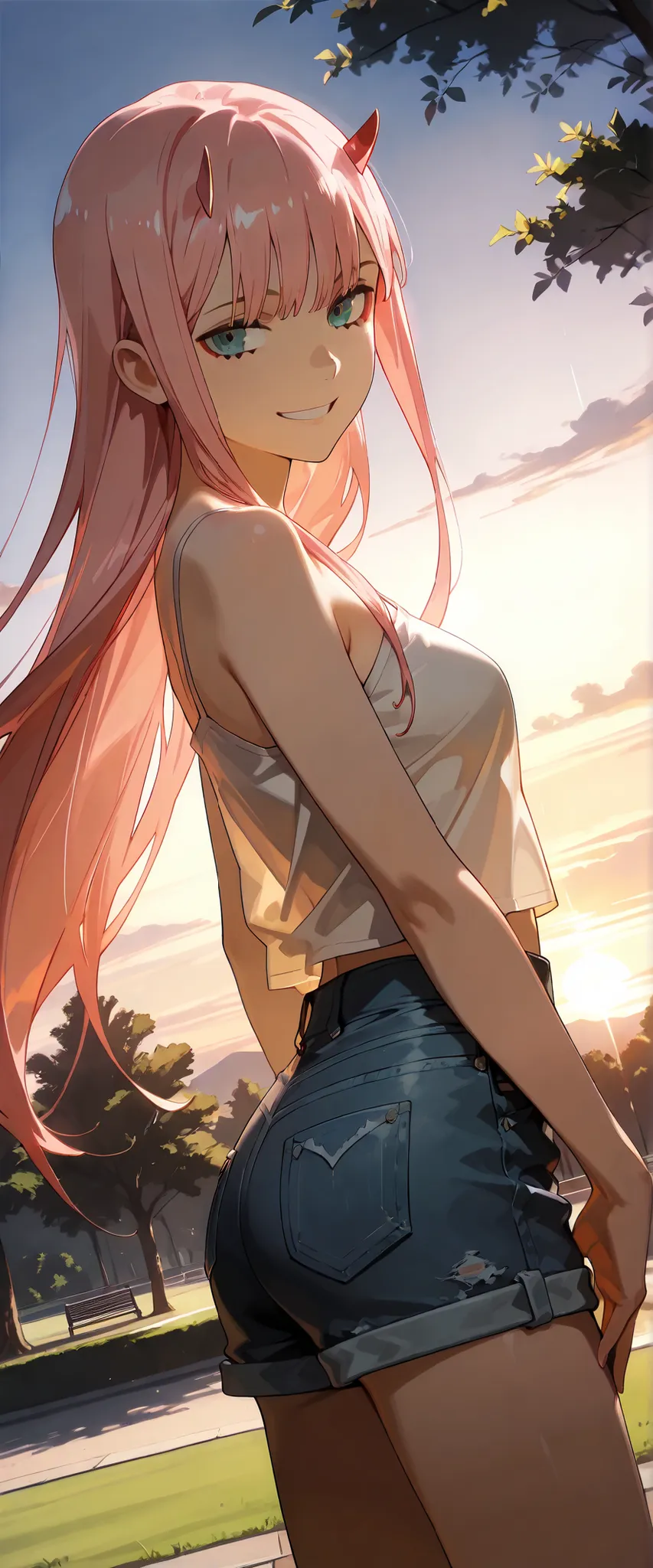 1 woman, zero two (darling in the franxx), dutch angle, pink hair, cyan eyes, white top, bare shoulders, denim shorts, posing for a photo, outdoors, park, cheerful smile, sunset, chiaroscuro, masterpiece, high quality, highly detailed
