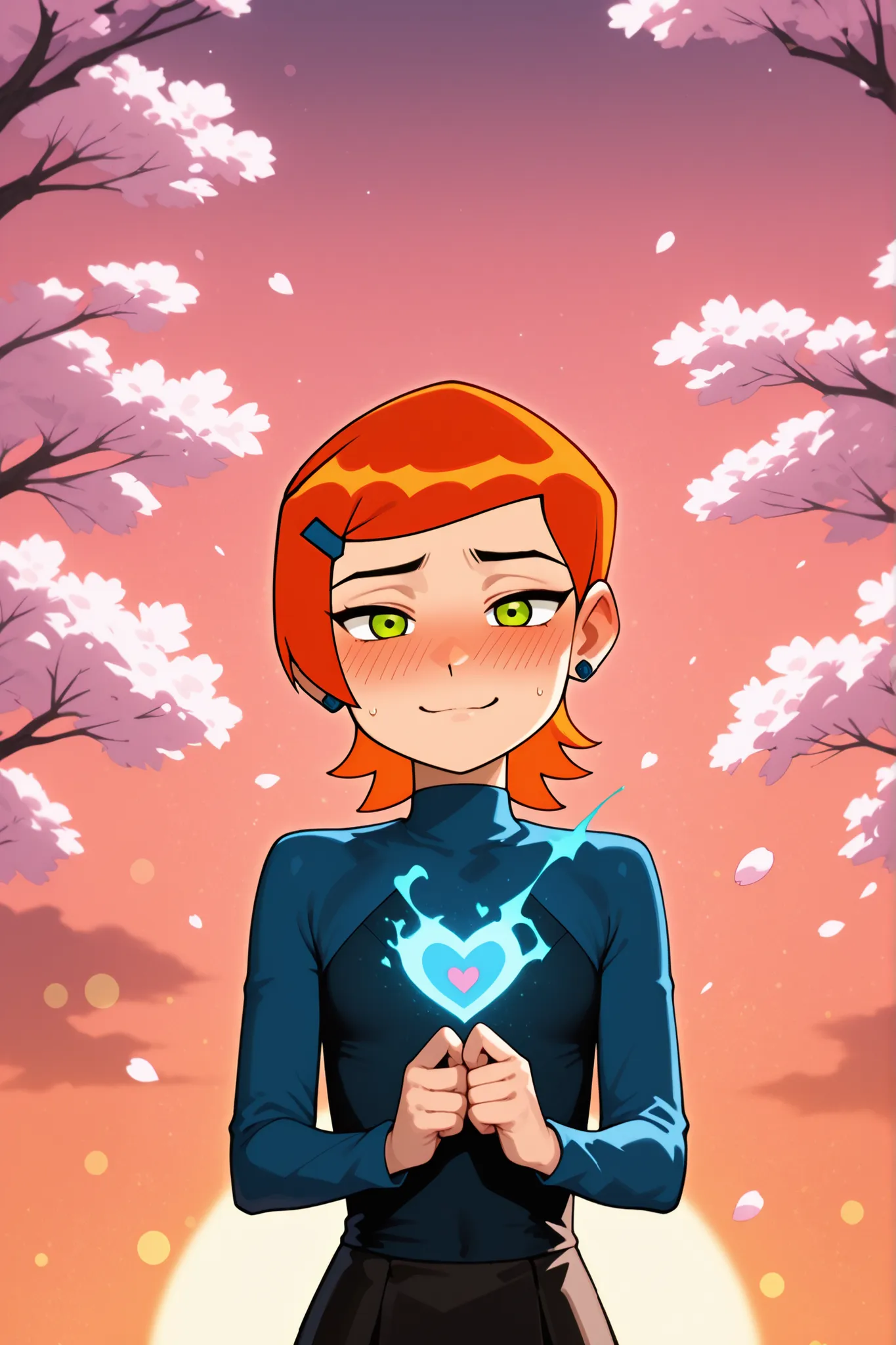 Gwen Tennyson, An anime-style age girl with long fiery red hair, emerald green eyes, and a confident yet shy aura, blushing softly as she looks at the viewer under a pink and orange sunset sky. She’s wearing her sleek blue and black outfit, with a soft glo...