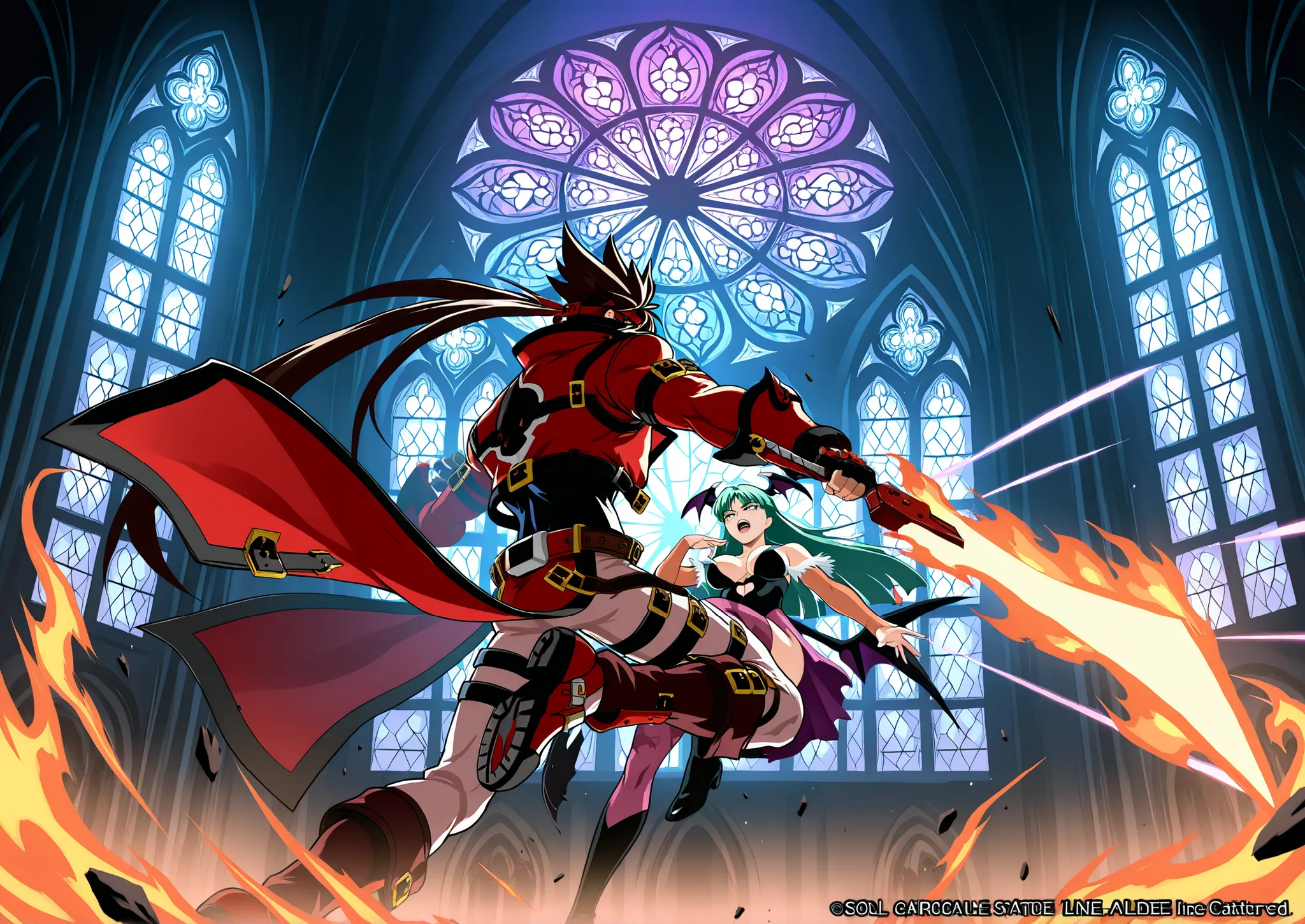 Epic anime-style battle inside a gothic cathedral with shattered stained glass windows. Sol Badguy is on the left, wielding his fire sword in a dramatic pose, flames and energy bursting from his blade. His red coat and headband are flowing, with exaggerat...