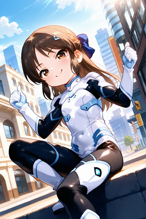 girl, solo,((aged down)),Tachibana Arisu, brown hair, long hair, half updo, brown eyes, evil smile, animeted,flat chest,Short torso,Slender,Small waist,Thin legs,hair ornament, bodysuit, black tights, Knee-length boots, cowboy shooting, Outdoors, city,Offi...