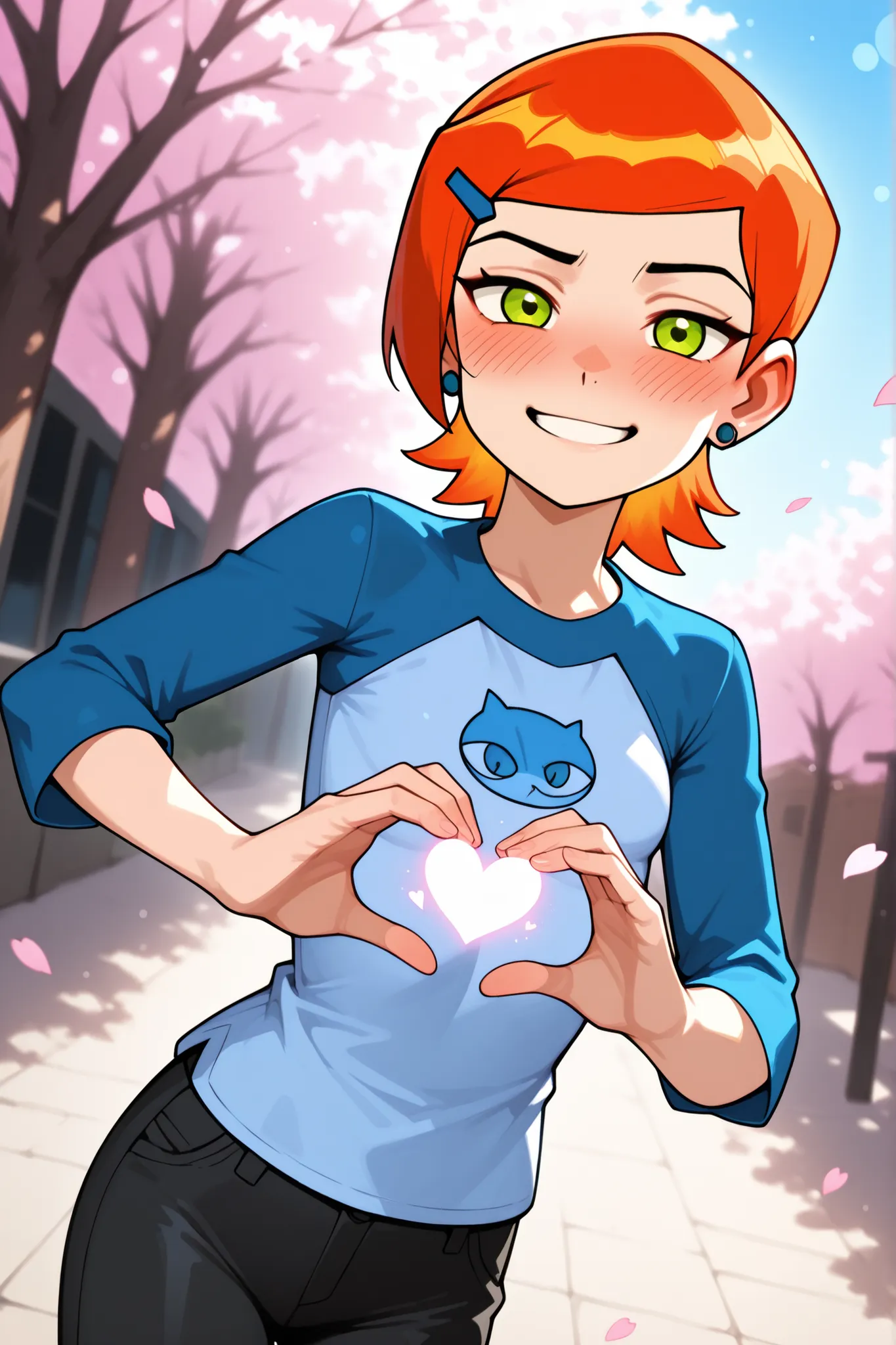 Gwen Tennyson, An anime-style age girl with long fiery red hair, emerald green eyes, and a confident and happy, blushing softly as she looks at the viewer under a sunny and bright sky. She’s wearing her sleek blue top and black pant outfit, with a soft glo...