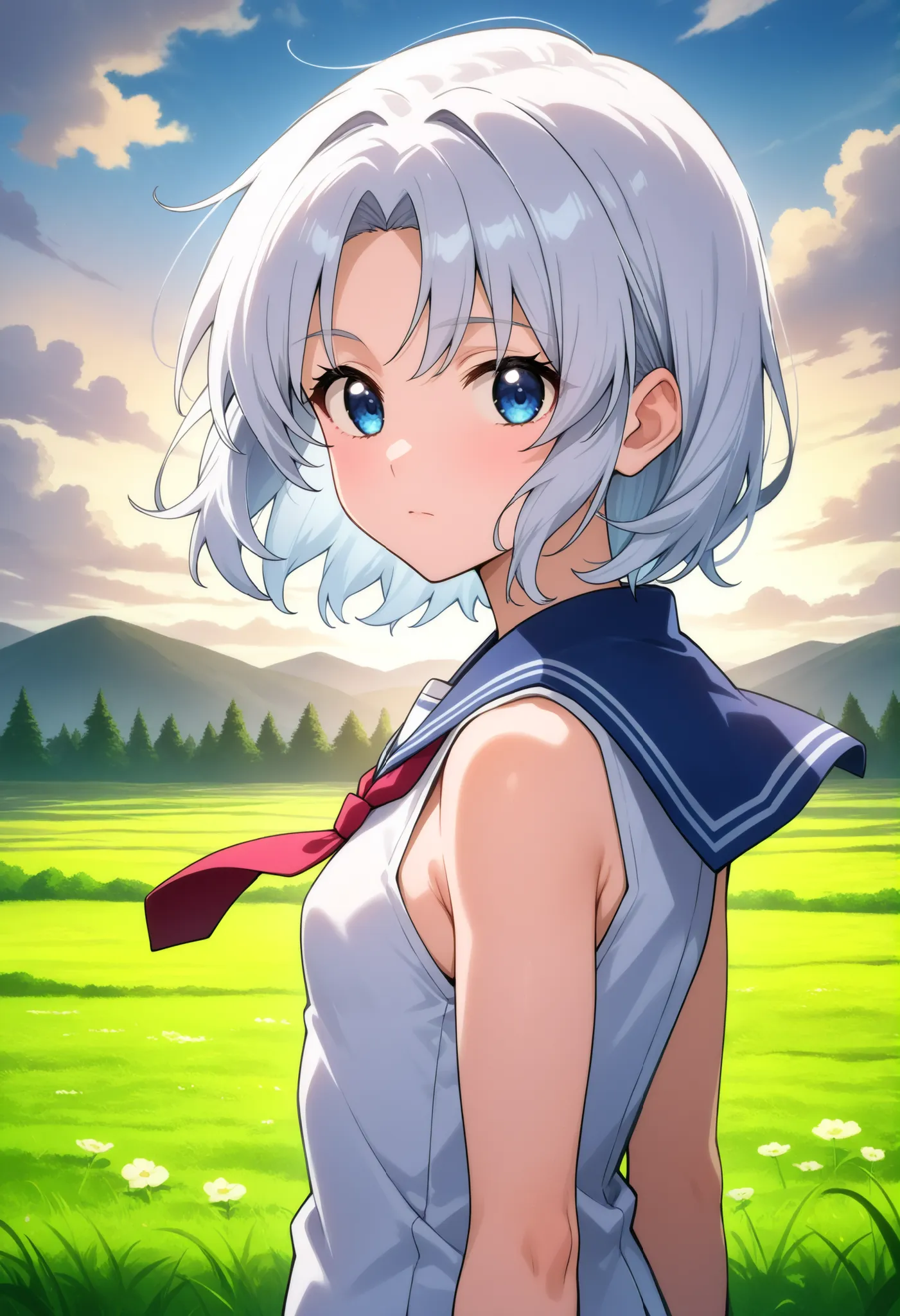 higurashikira, anime screencap, anime coloring, upper body, from back,
1girl, solo, daughter, aged down, short female, toned female, white hair, short hair, parted bangs, blue eyes, small breasts,
school uniform, blue sailor collar, red necktie, white sl...
