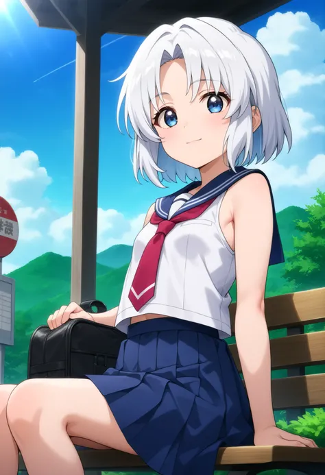 higurashikira, anime screencap, anime coloring, cowboy shot, 
1girl, solo, daughter, aged down, short female, toned female, white hair, short hair, parted bangs, blue eyes, small breasts, 
school uniform, blue sailor collar, red necktie, white sleeveless s...