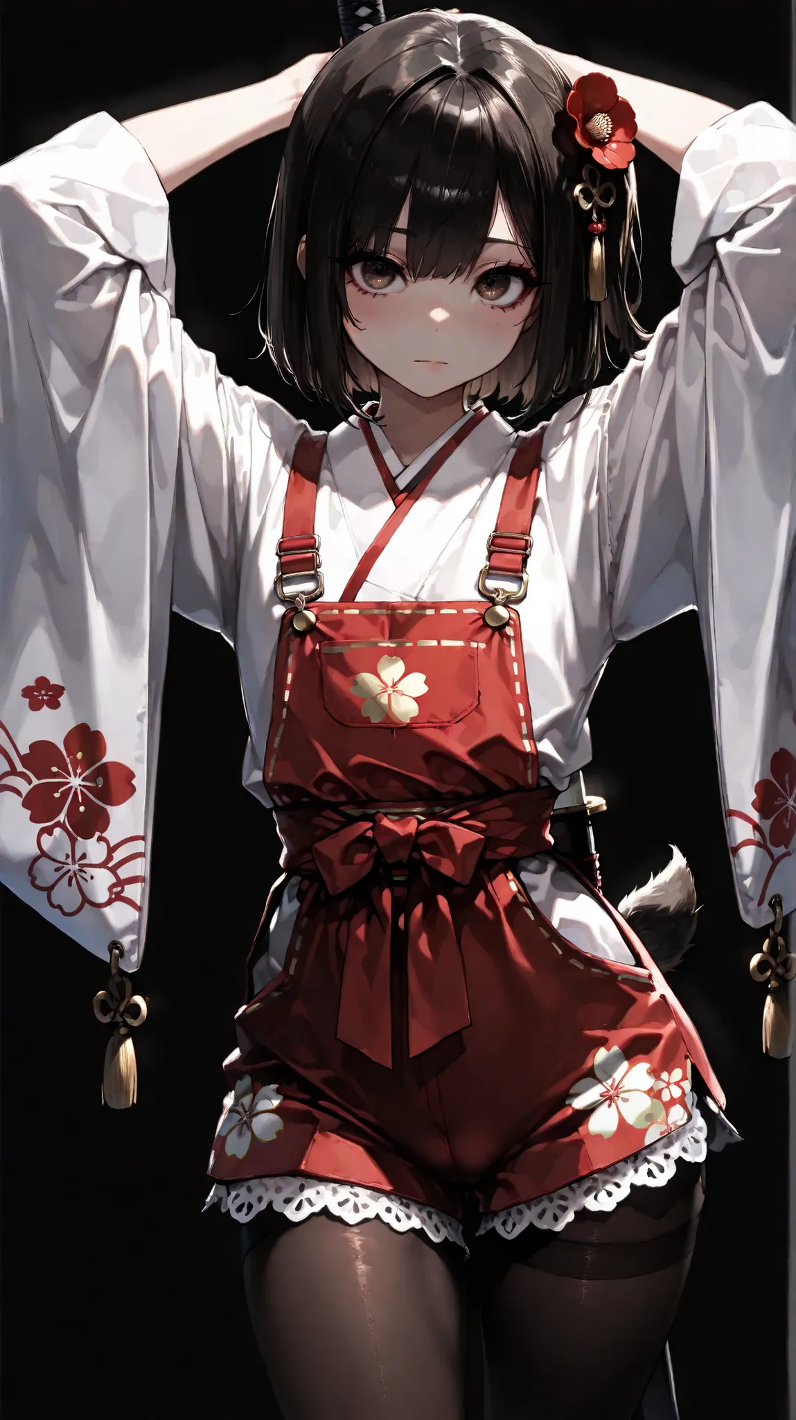 Shelly Gee, (masterpiece, Highest Quality, high image quality: 1.2), girl, alone, dark brown eyes, frill、lace fabric、black hair、pantyhose、Women's funny faces、sleeves are bordered with lace 、slightly short bob、 135 cm 、elementary school student、cute f...