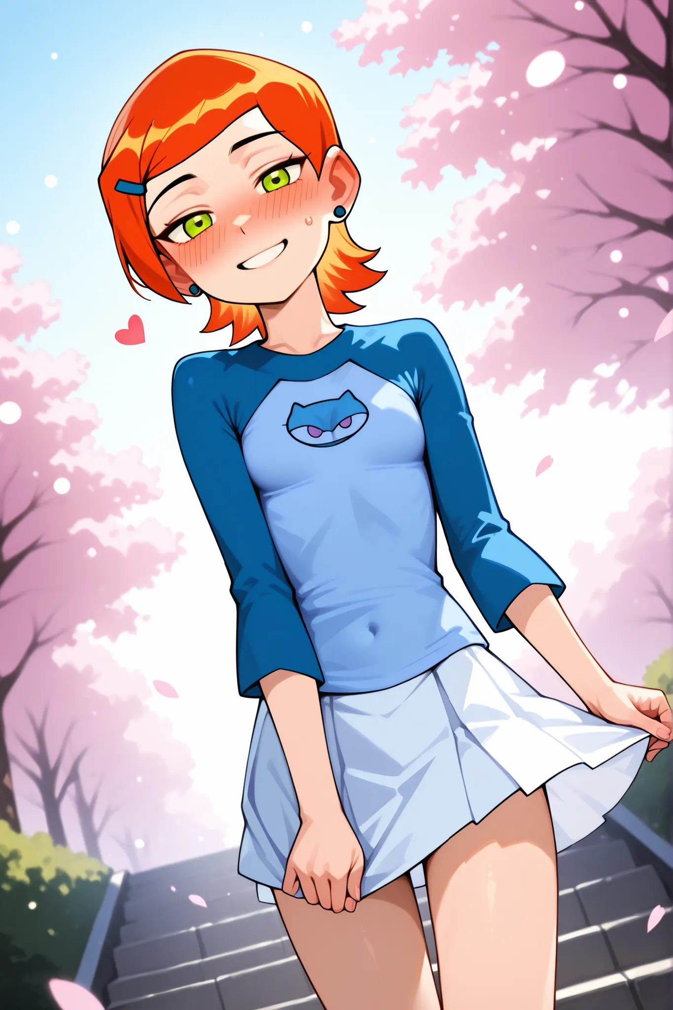 Gwen Tennyson, An anime-style age girl with long fiery red hair, beautiful emerald green eyes, and a confident and happy, blushing softly as she looks at the viewer under a sunny and bright sky. She’s wearing her sleek blue top and white skirt outfit, with...