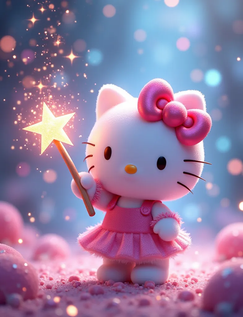 Hello Kitty waves a star stick in a fancy world、glitter glitter effect