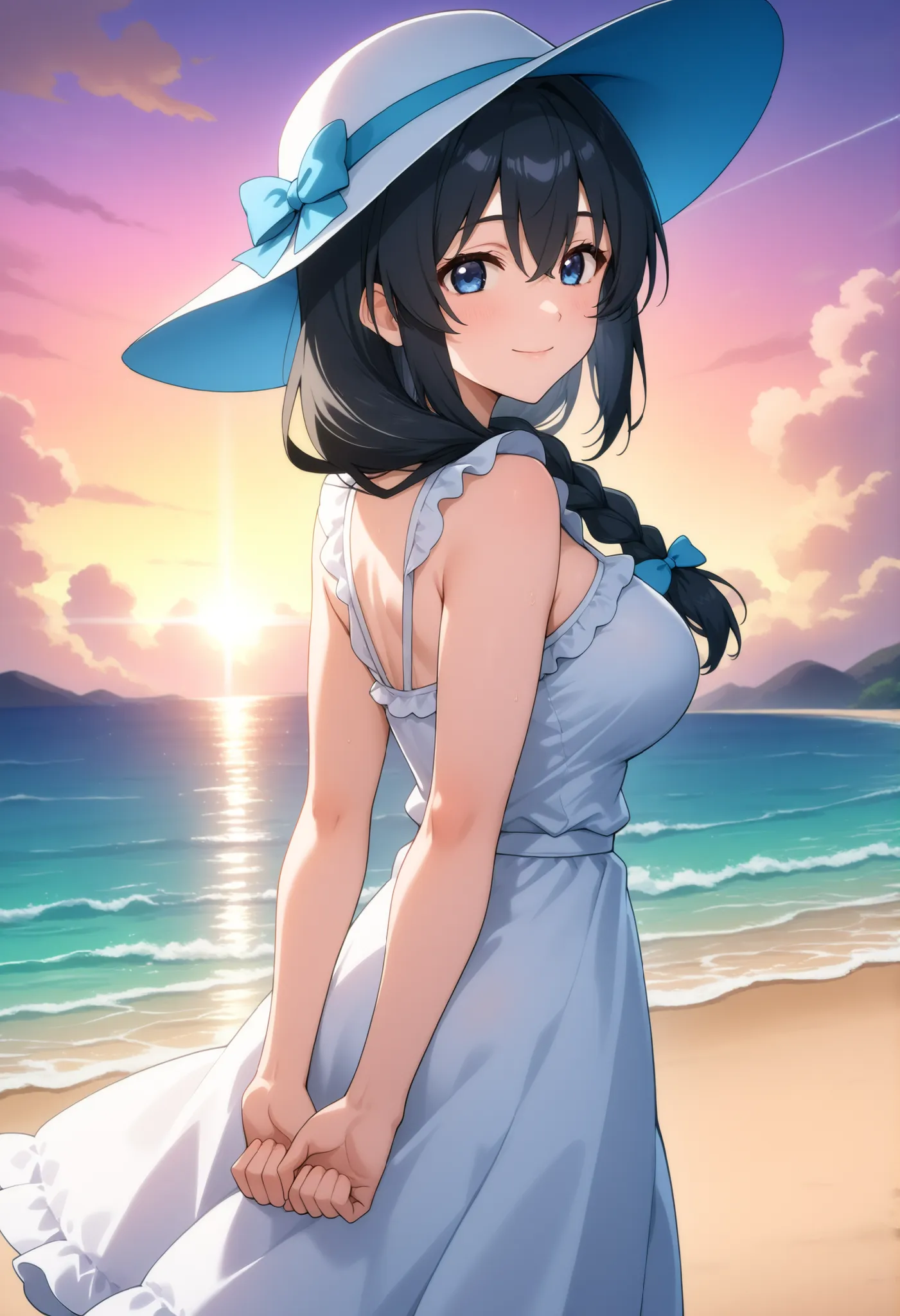 higurashikira, anime screencap, anime coloring, cowboy shot, from back, 
1girl, solo, milf, mature, tall girl, toned female, black hair, long hair, side braid, medium bangs, hair between eyes, blue eyes, large breasts, 
frilled sundress, white sleeveless s...