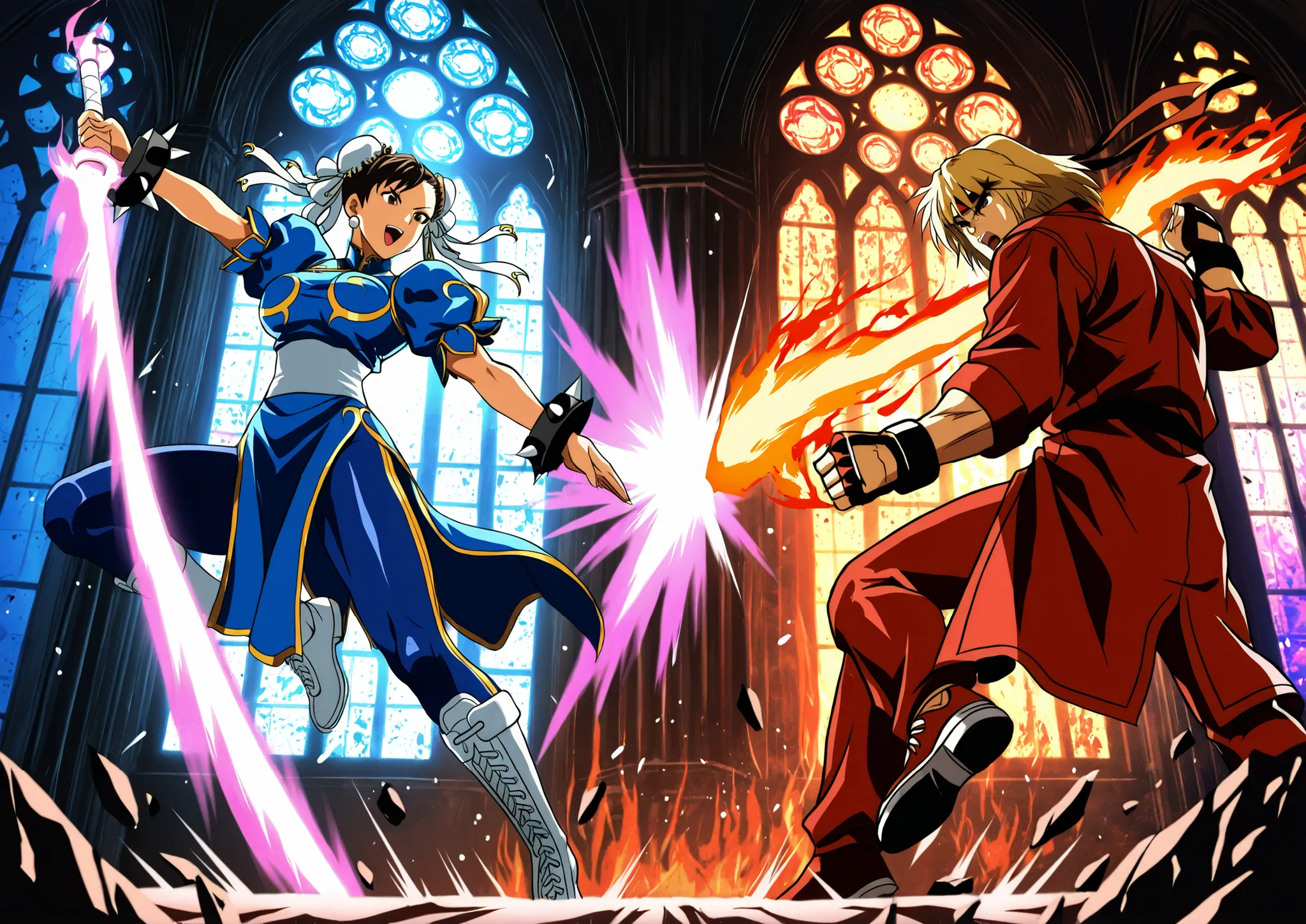 
Epic anime-style battle inside a gothic cathedral with shattered stained glass windows. Ken Masters  is on the left, wielding his fire sword in a dramatic pose, flames and energy bursting from his blade. His red coat and headband are flowing, with exagger...
