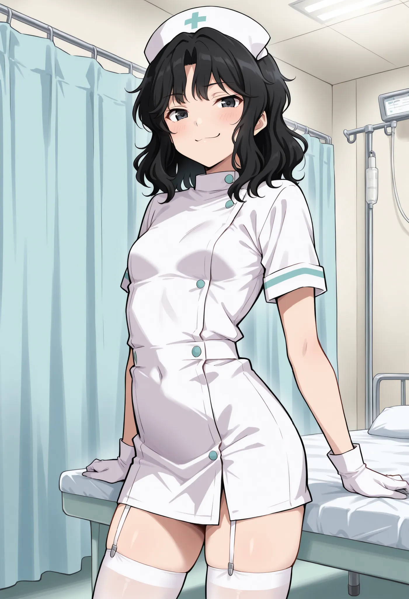 Score_9, score_8_up, score_7_up, source_anime, tnakao, solo, black hair, wavy hair, medium hair, black eyes, small breasts, (best quality), (high quality), {masterpiece}, extremely delicate and beautiful, ultra-detailed, beautiful detailed eyes, nurse, nur...