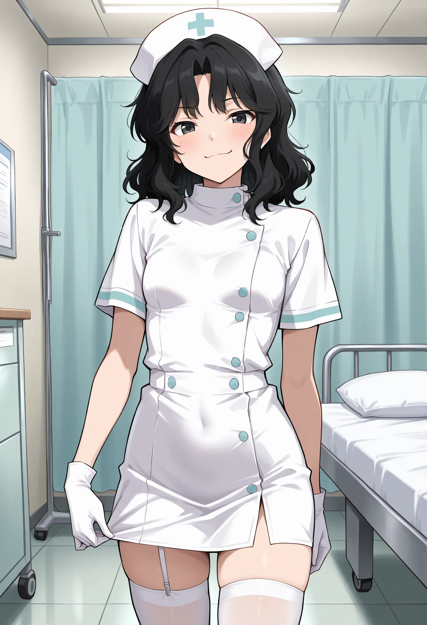 Score_9, score_8_up, score_7_up, source_anime, tnakao, solo, black hair, wavy hair, medium hair, black eyes, small breasts, (best quality), (high quality), {masterpiece}, extremely delicate and beautiful, ultra-detailed, beautiful detailed eyes, nurse, nur...