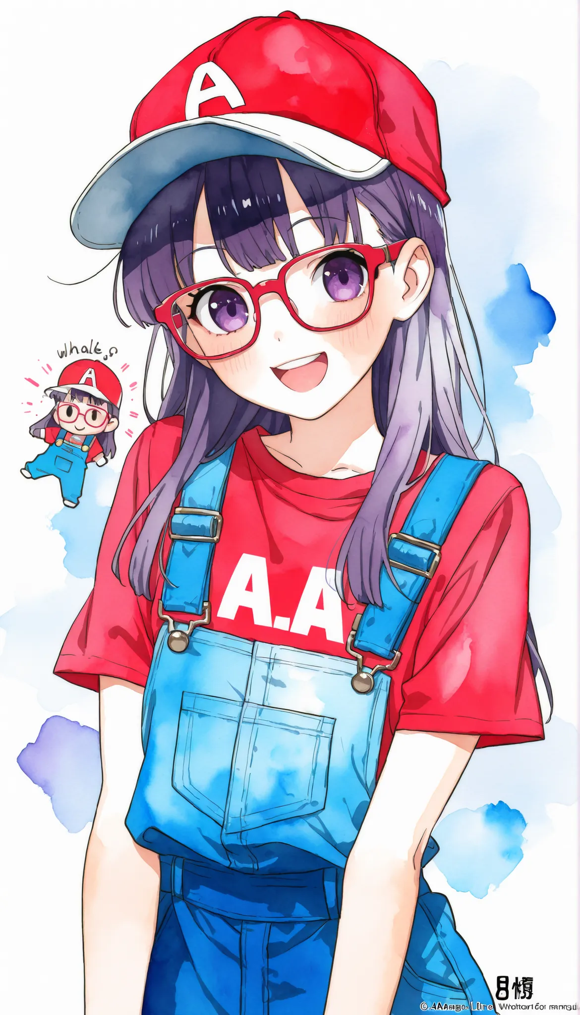 ( masterpiece , best quality , high quality ,8k,) (watercolor style illustration, :1.3) (a manga of white-line-4-panel:1.4) > < | | solo , chibi robot-girl flat-chest, purple-long-hair red-glasses shirts Overalls. red-cap "ARALE"sound effects laugh smile