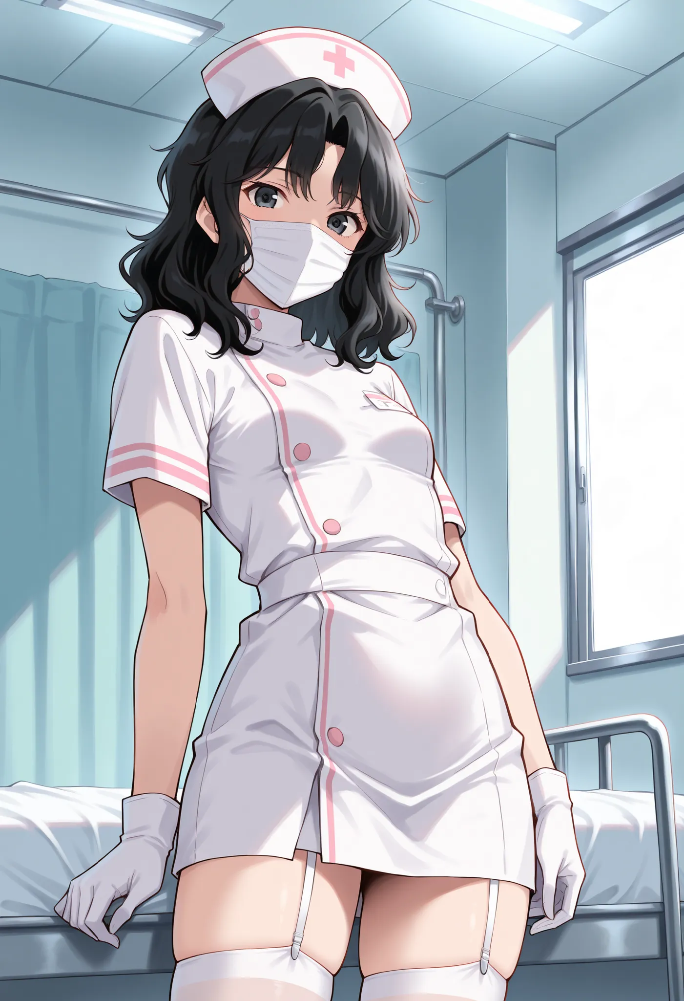 Score_9, score_8_up, score_7_up, source_anime, tnakao, solo, black hair, wavy hair, medium hair, black eyes, small breasts, (best quality), (high quality), {masterpiece}, extremely delicate and beautiful, ultra-detailed, beautiful detailed eyes, nurse, nur...