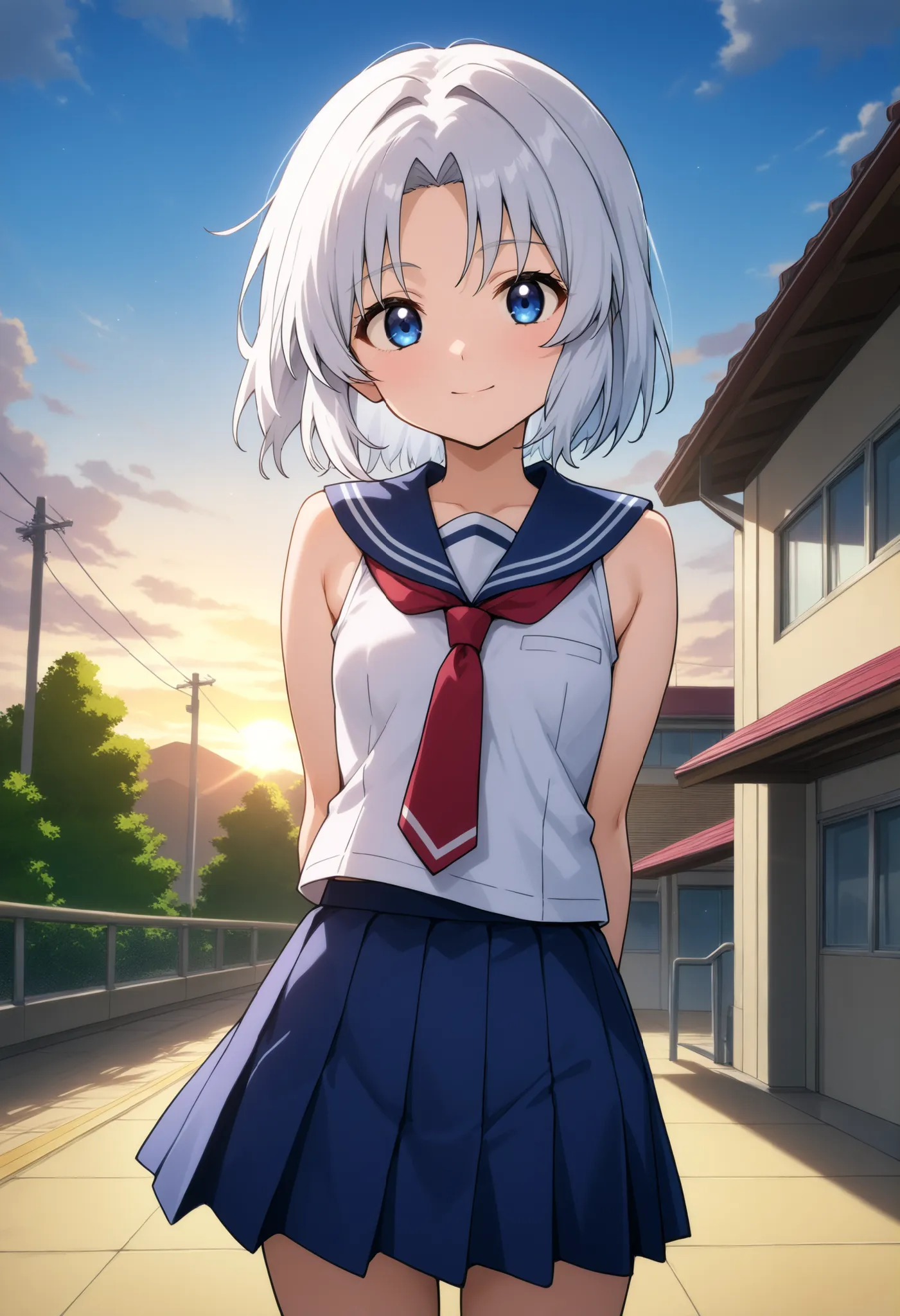 higurashikira, anime screencap, anime coloring, cowboy shot, 
1girl, solo, daughter, aged down, short female, toned female, white hair, short hair, parted bangs, blue eyes, small breasts, 
school uniform, blue sailor collar, red necktie, white sleeveless s...