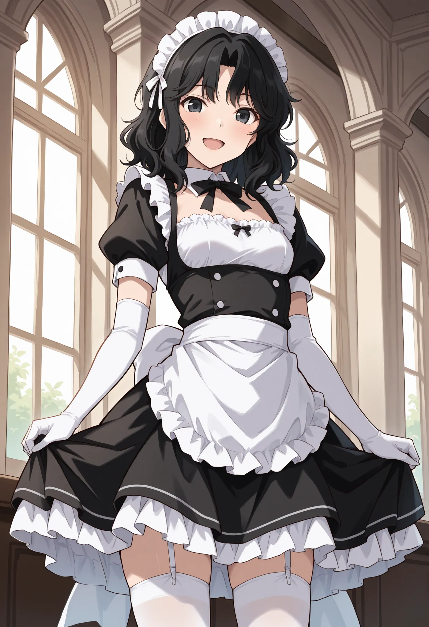 Score_9, score_8_up, score_7_up, source_anime, tnakao, solo, black hair, wavy hair, medium hair, black eyes, small breasts, (best quality), (high quality), {masterpiece}, extremely delicate and beautiful, ultra-detailed, beautiful detailed eyes, maid, blac...