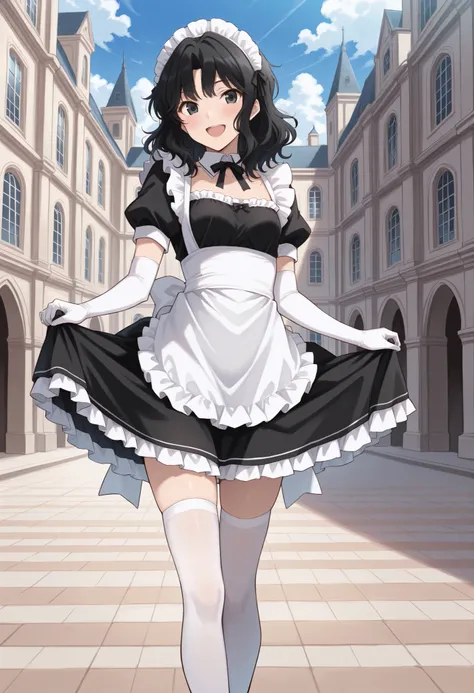 Score_9, score_8_up, score_7_up, source_anime, tnakao, solo, black hair, wavy hair, medium hair, black eyes, small breasts, (best quality), (high quality), {masterpiece}, extremely delicate and beautiful, ultra-detailed, beautiful detailed eyes, maid, blac...