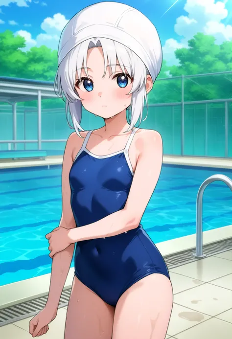 higurashikira, anime screencap, anime coloring, cowboy shot, 
1girl, solo, daughter, aged down, short female, toned female, white hair, parted bangs, blue eyes, small breasts, 
competition school swimsuit, blue one-piece swimsuit, swim cap, 
looking at vie...