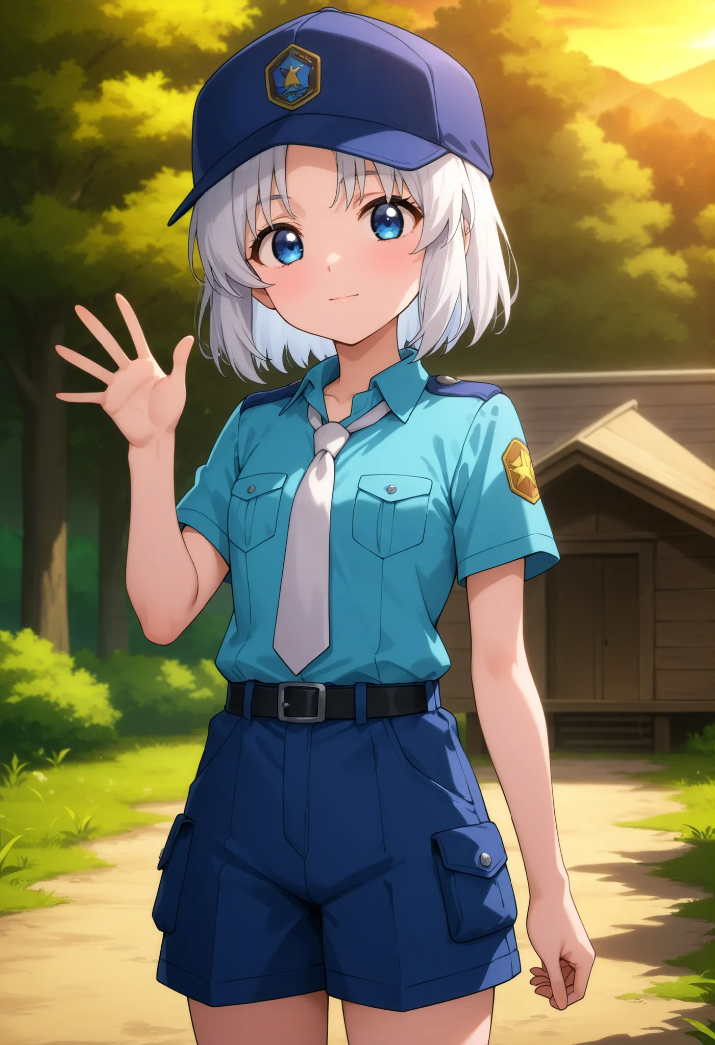 higurashikira, anime screencap, anime coloring, cowboy shot, 
1girl, solo, daughter, aged down, short female, toned female, white hair, short hair, parted bangs, blue eyes, small breasts, 
scout uniform, blue shirt, white necktie, blue cargo shorts, blue b...