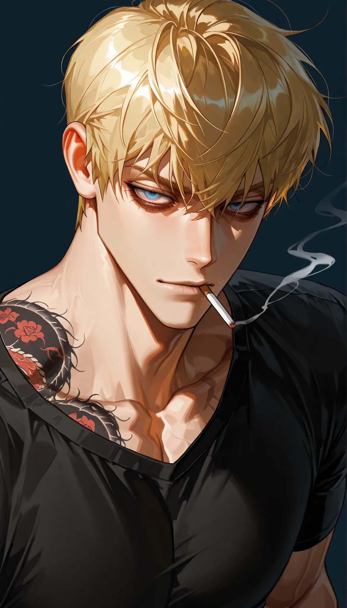 1man, looking at viewer, handsome, simple background, blonde hair, blue eyes, keen eyes, dark circles under the eyes , short hair, high detail, blonde hair, muscular, Yakuza tattoo, black shirt, cigarette in mouth, bulky body