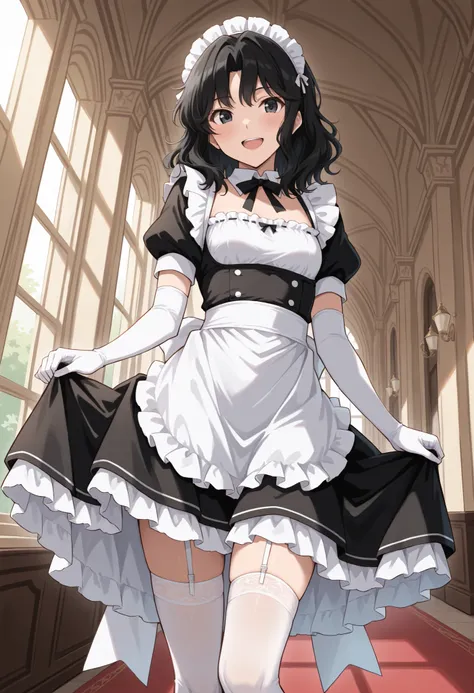 Score_9, score_8_up, score_7_up, source_anime, tnakao, solo, black hair, wavy hair, medium hair, black eyes, small breasts, (best quality), (high quality), {masterpiece}, extremely delicate and beautiful, ultra-detailed, beautiful detailed eyes, maid, blac...
