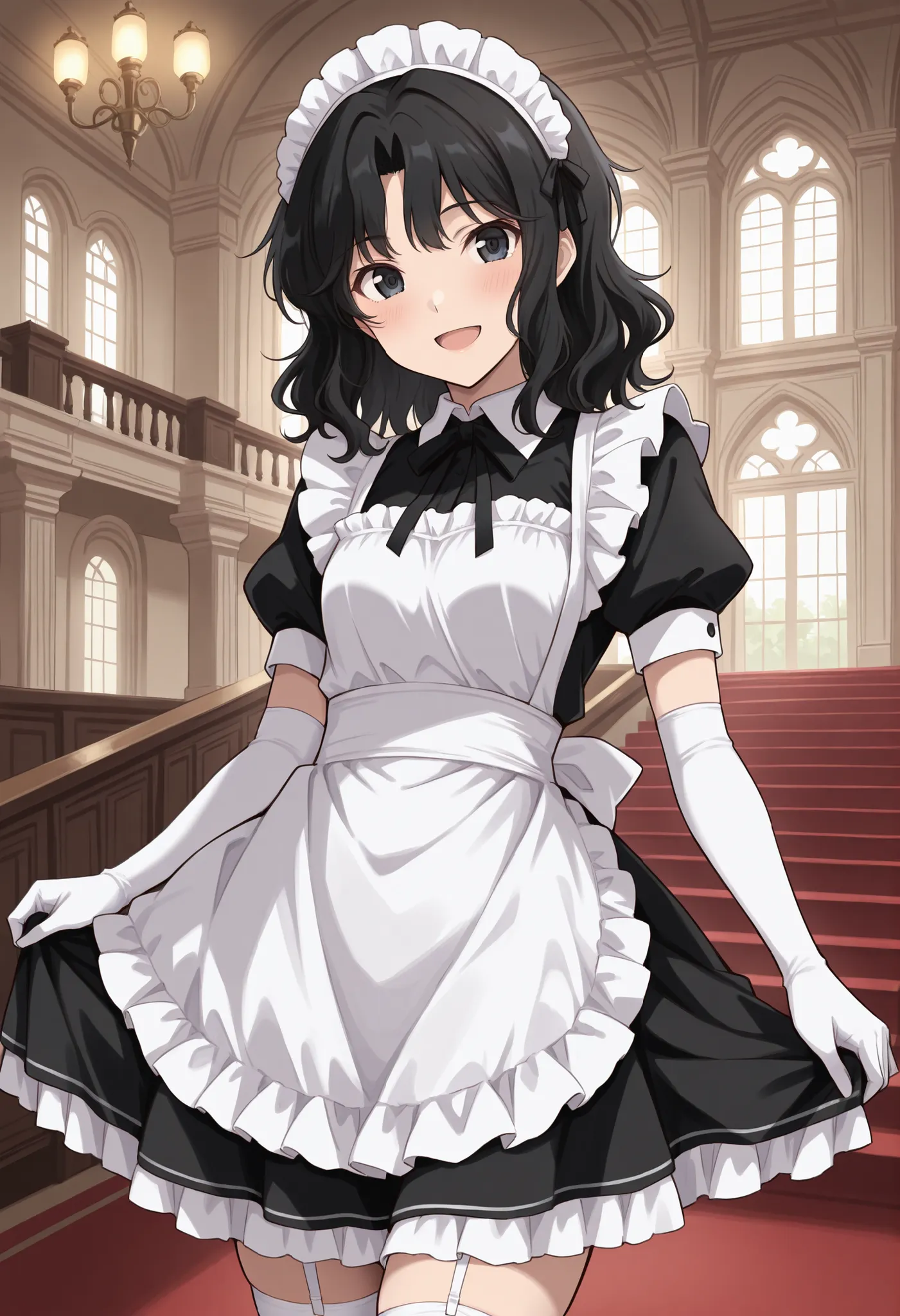 Score_9, score_8_up, score_7_up, source_anime, tnakao, solo, black hair, wavy hair, medium hair, black eyes, small breasts, (best quality), (high quality), {masterpiece}, extremely delicate and beautiful, ultra-detailed, beautiful detailed eyes, maid, blac...