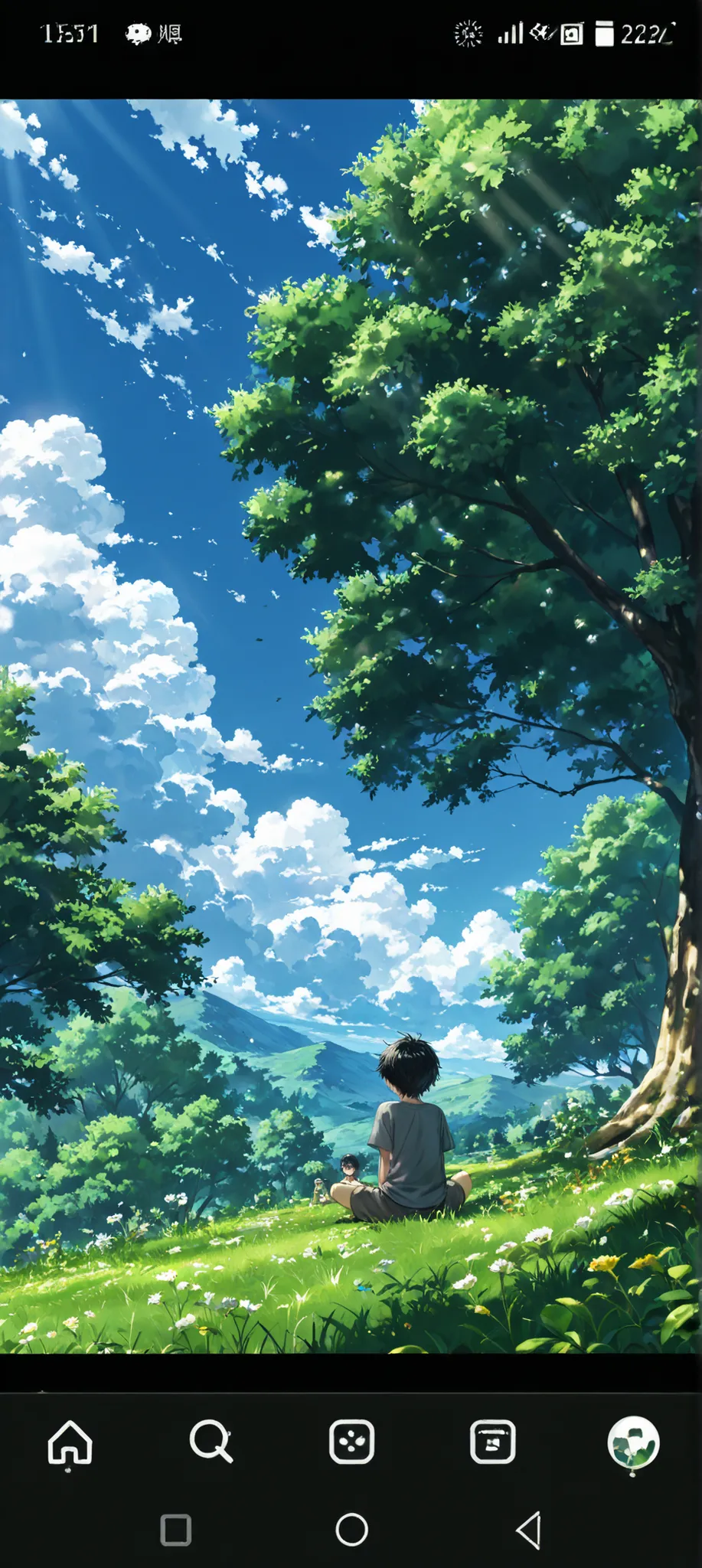 A peaceful anime-style scene of a young boy with messy black hair, wearing a simple gray t-shirt and shorts, sitting on a grassy hilltop. His back is facing the viewer as he gazes at a vast, sunlit valley filled with green forests, winding rivers, and dist...