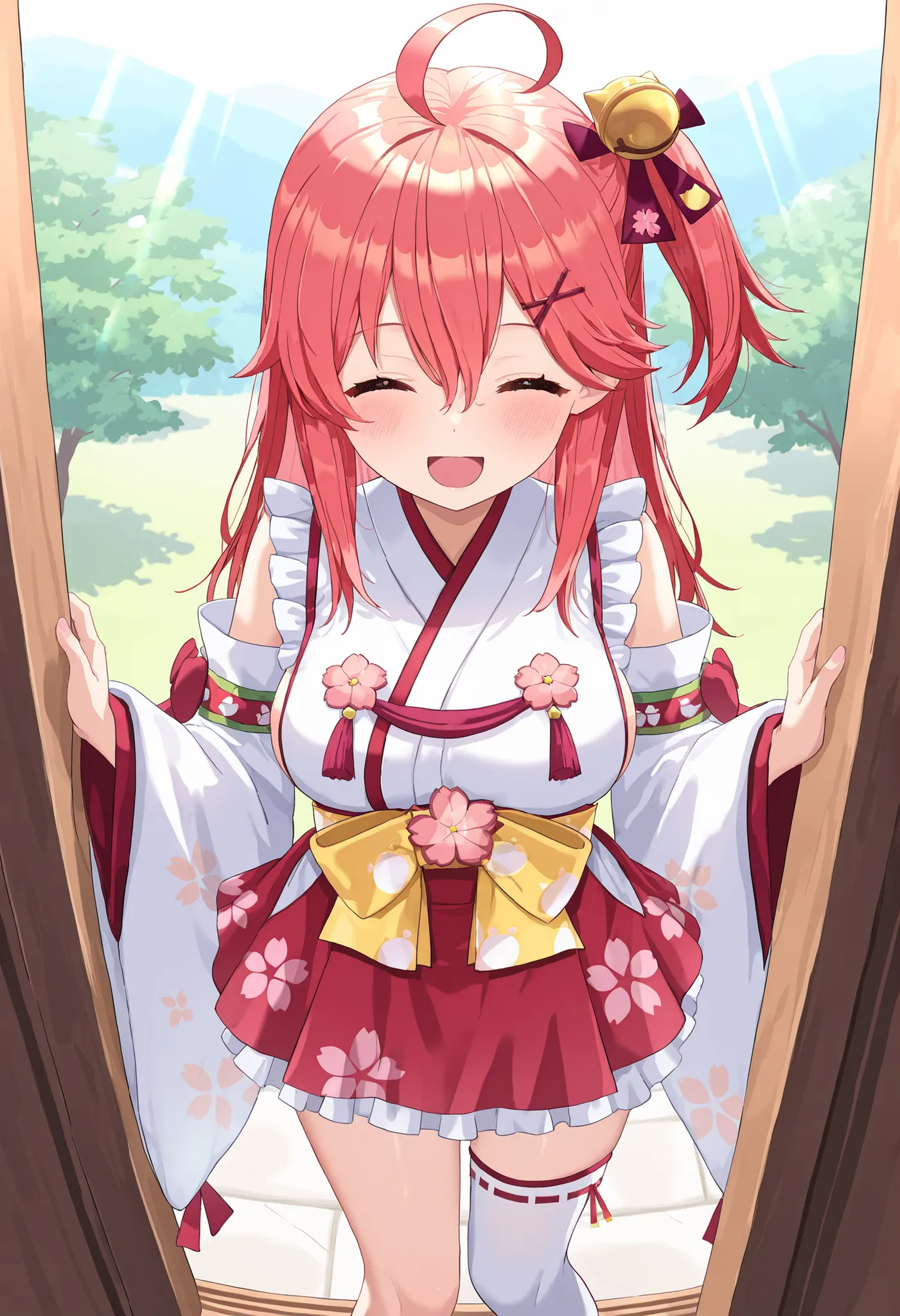 masterpiece, best quality, highres, miko1, sakura_miko, young_1teen_girl, large_breasts, solo, ahoge, x_hair_ornament, light_red_hair,blush, floral print, hairclip,(side_less_clothes:1.5), side_breasts, hair_bell, floral print, long_hair, hair between eyes...