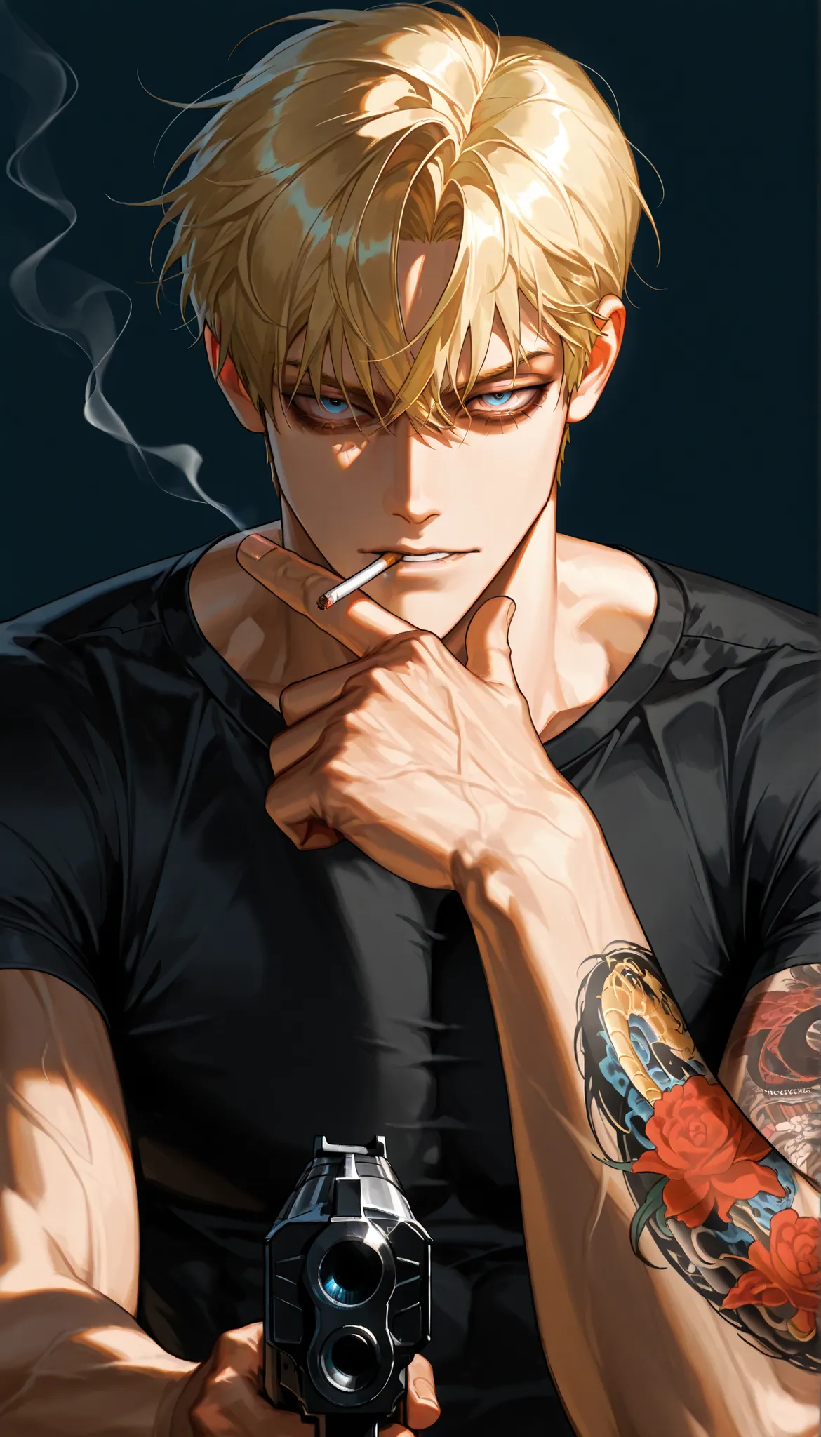 1man, looking at viewer, handsome, simple background, blonde hair, blue eyes, keen eyes, dark circles under the eyes , short hair, high detail, blonde hair, muscular, Yakuza tattoo, black shirt, cigarette in mouth, bulky body, holding a gun pointing at vie...