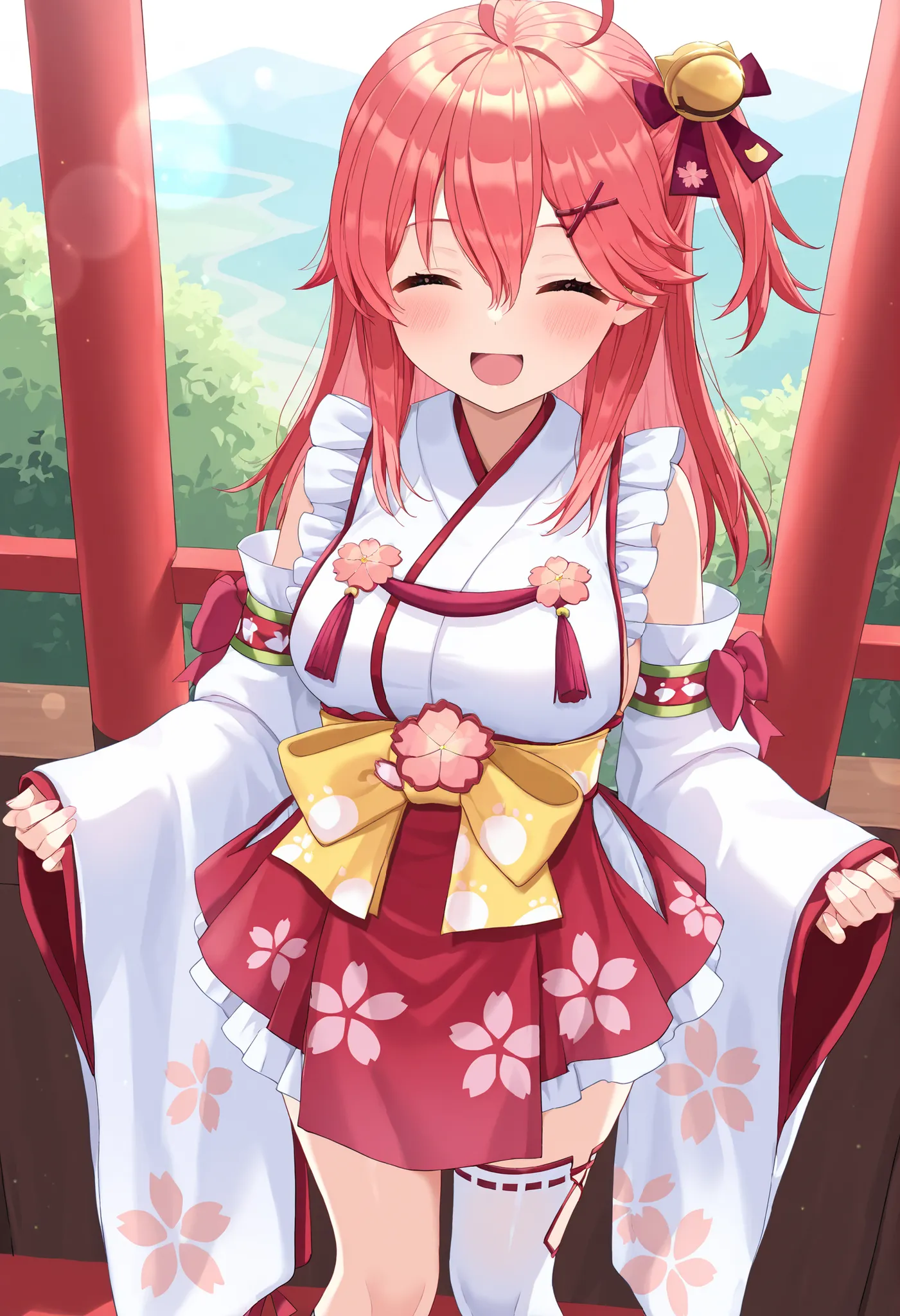 masterpiece, best quality, highres, miko1, sakura_miko, young_1teen_girl, large_breasts, solo, ahoge, x_hair_ornament, light_red_hair,blush, floral print, hairclip,(side_less_clothes:1.5), side_breasts, hair_bell, floral print, long_hair, hair between eyes...