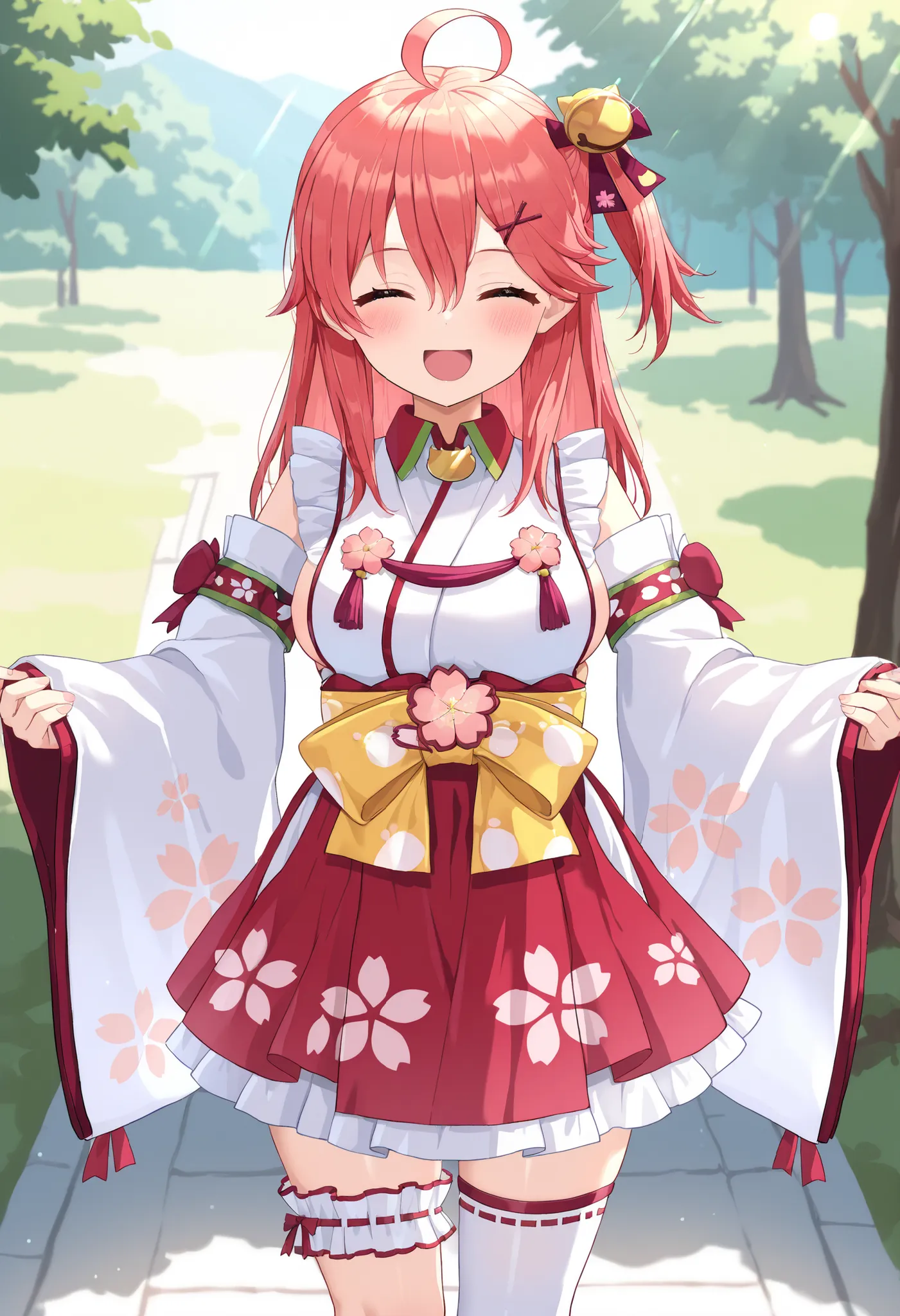 masterpiece, best quality, highres, miko1, sakura_miko, young_1teen_girl, large_breasts, solo, ahoge, x_hair_ornament, light_red_hair,blush, floral print, hairclip,(side_less_clothes:1.5), side_breasts, hair_bell, floral print, long_hair, hair between eyes...